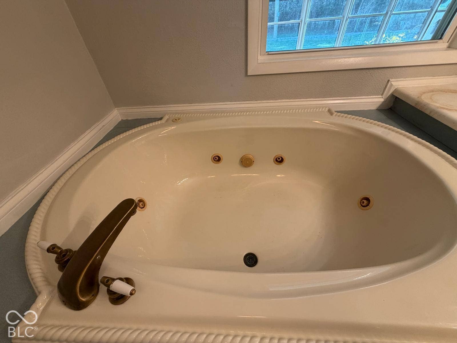 2819 E Edgewood Avenue, Indianapolis, IN 46227 Jetted soaking tub with a bronze-finish faucet, surrounded by a decorative rope-edge trim