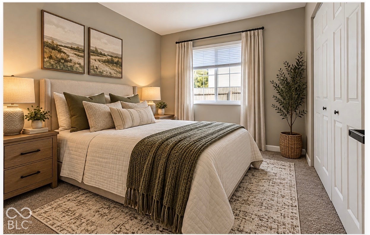 Virtually Altered - Upholstered headboard with integrated side tables, neutral wall color, and window with blinds