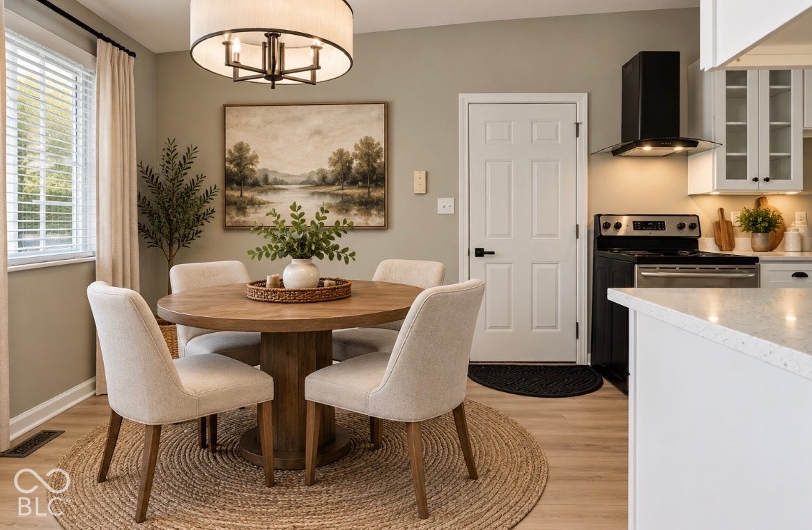 Virtually Altered - Dining area with wood-finish flooring and a drum pendant light fixture