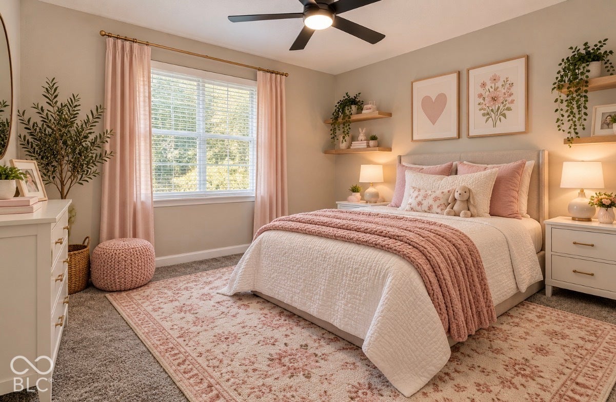 Virtually Altered - Recessed lighting, ceiling fan, carpet flooring, and window with blinds and curtains