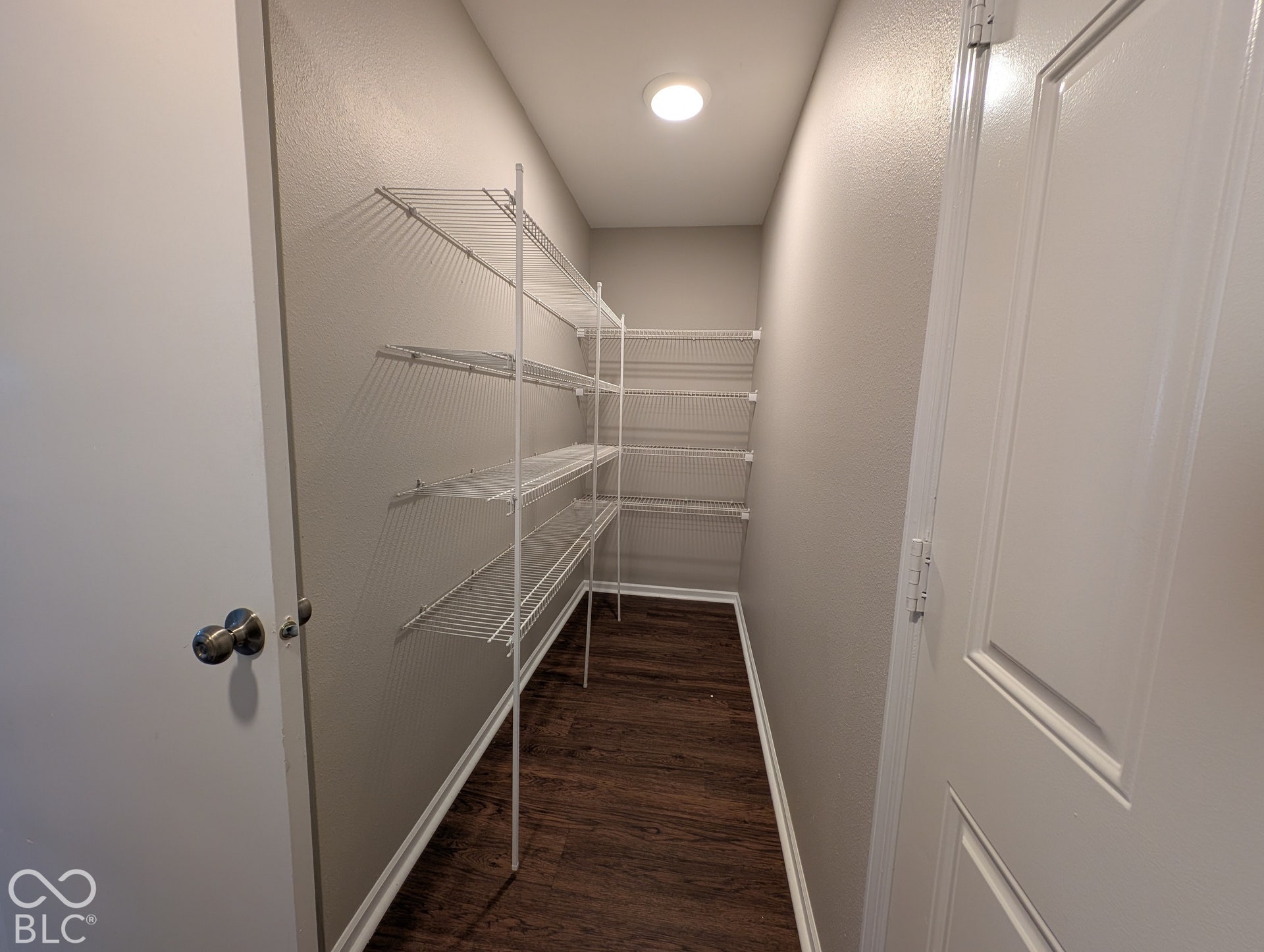 Walk-in closet featuring wire shelving, wood-finish flooring, and a recessed ceiling light