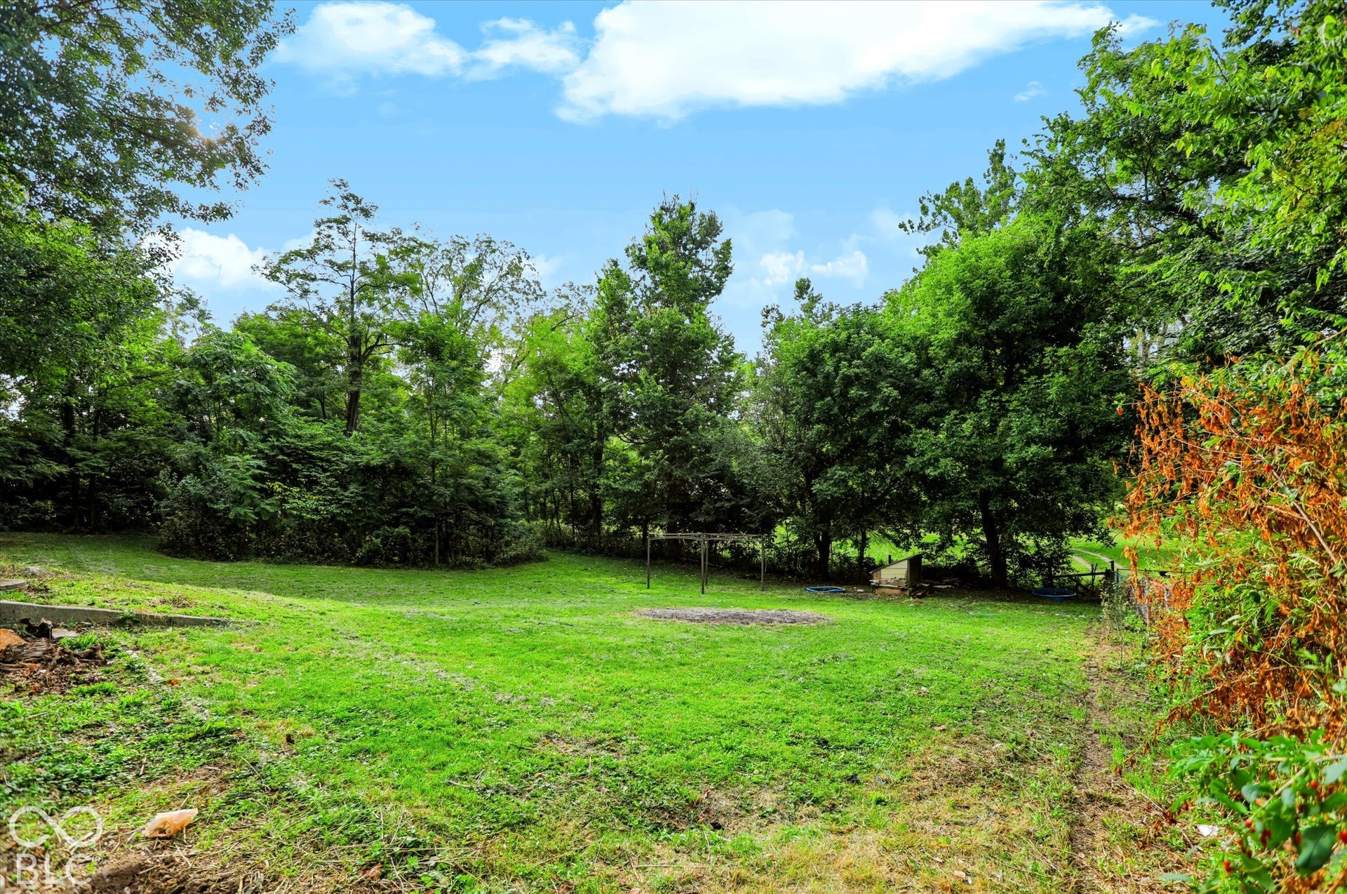 Expansive green space bordered by mature trees