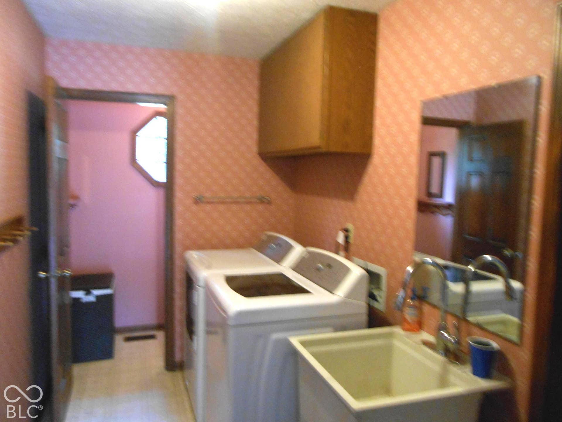 Utility sink with chrome faucet, wood-finish cabinetry, and wall-mounted mirror