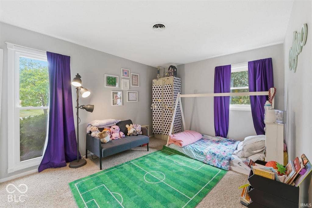 Wall-to-wall carpeting with light gray wall paint and white trim, featuring two windows with white frames