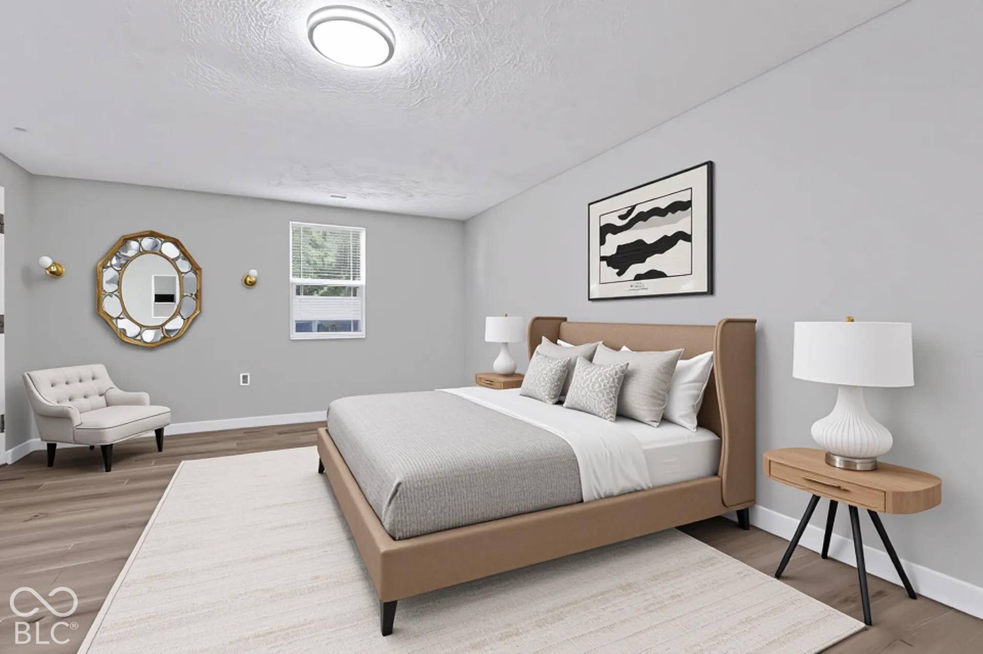 Recessed ceiling light fixture, wood-finish flooring, and a single window with blinds