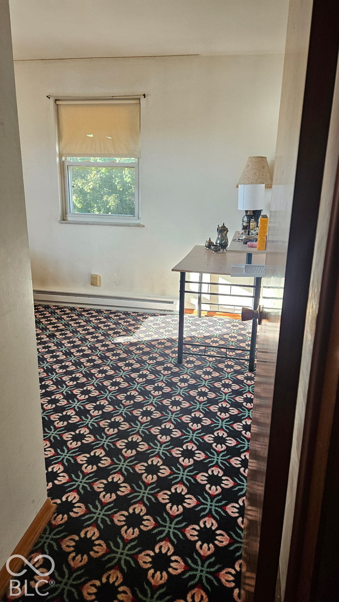 Wall-to-wall patterned carpeting, light-toned walls, and a single window