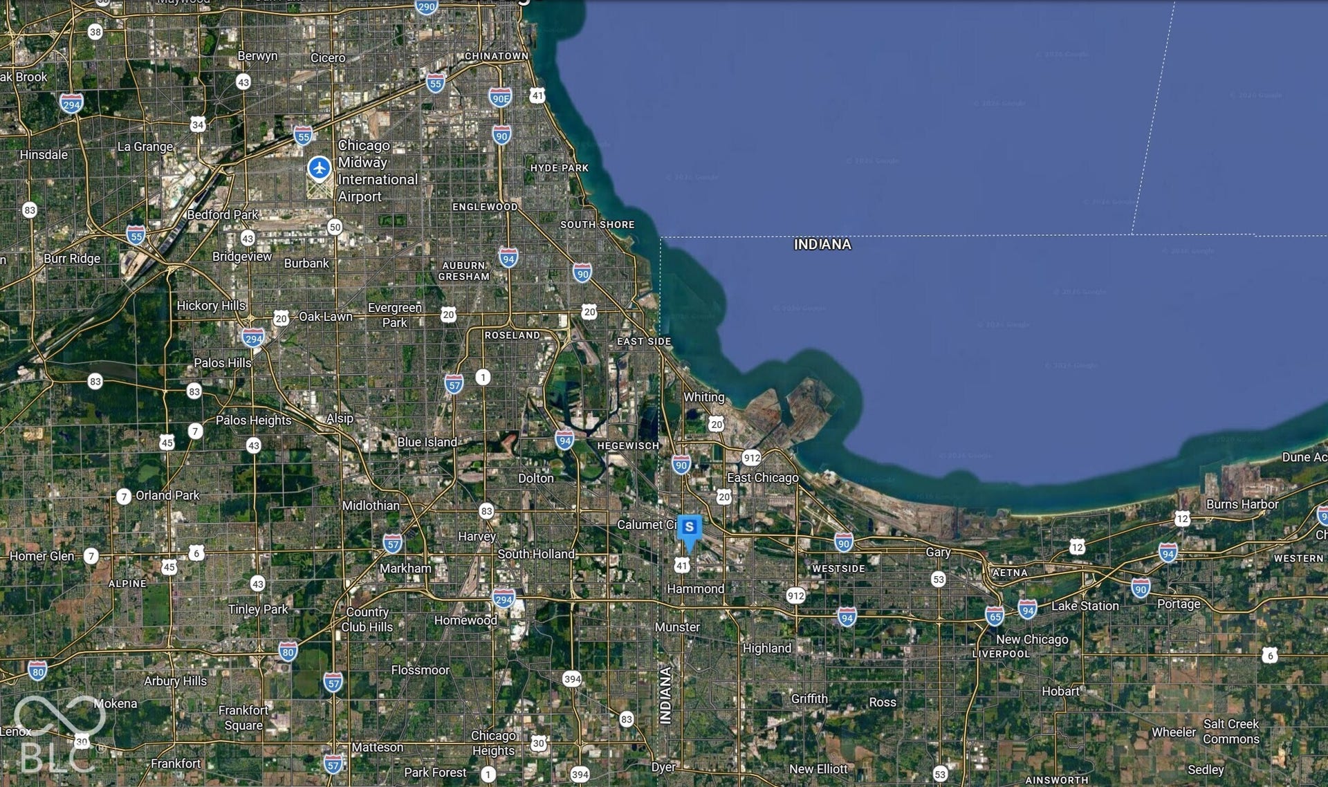 Satellite Map. Displaying geographical data for the region encompassing Chicago and portions of Indiana, including Lake Michigan