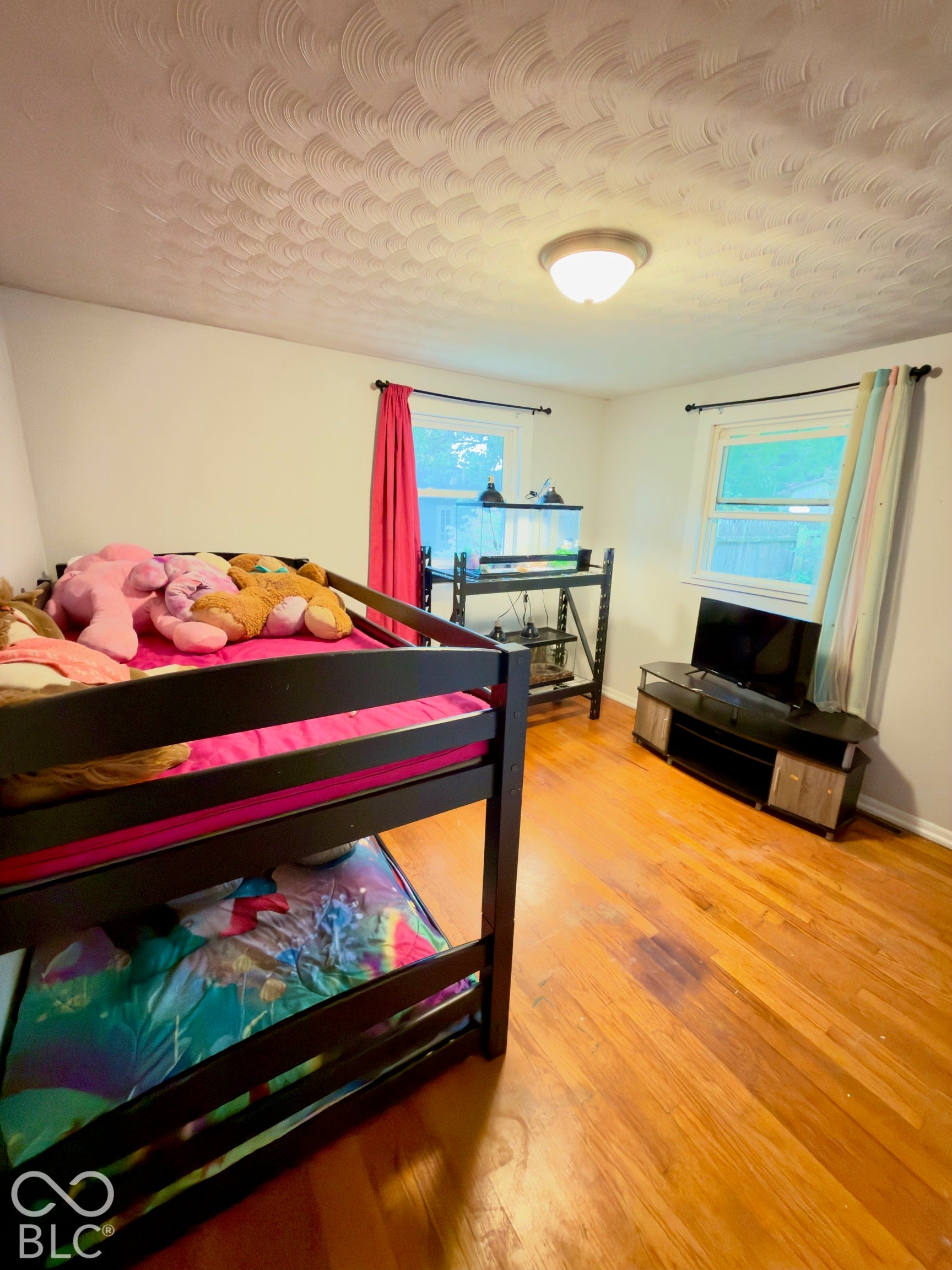 Room featuring wood-finish flooring, textured ceiling, dual windows, and a flush-mount ceiling light fixture
