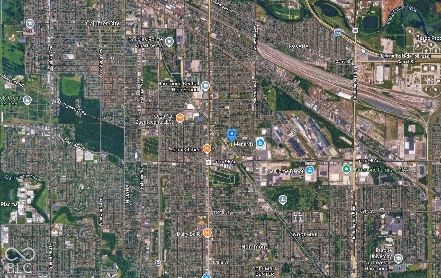 Aerial Map. Displaying geographic features, road networks, and key points of interest within the Hammond and Calumet City areas