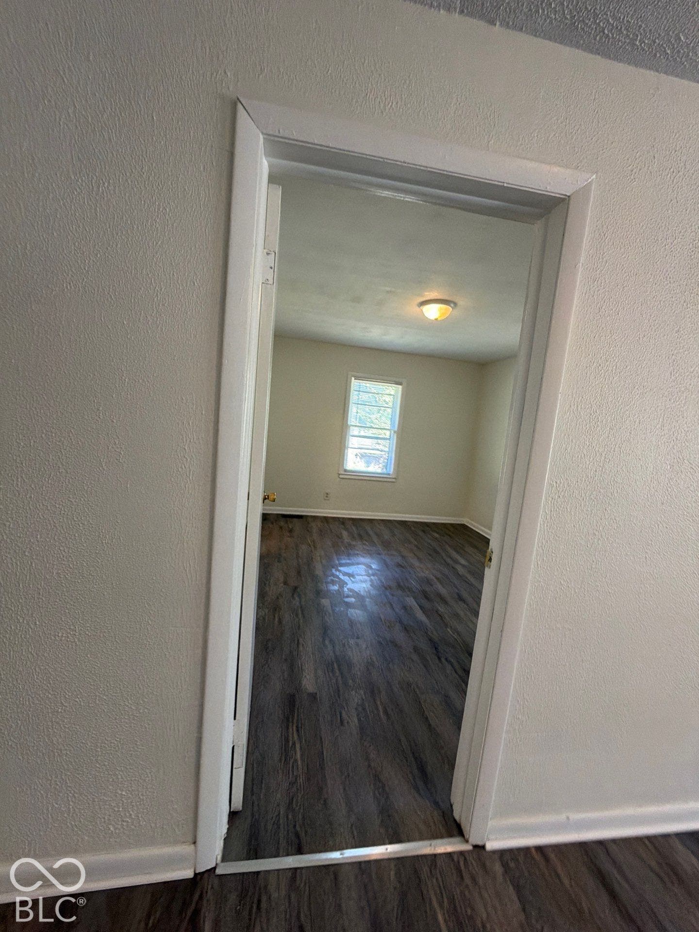 Wood-finish flooring throughout, smooth white wall finish, and a flush mount ceiling light fixture