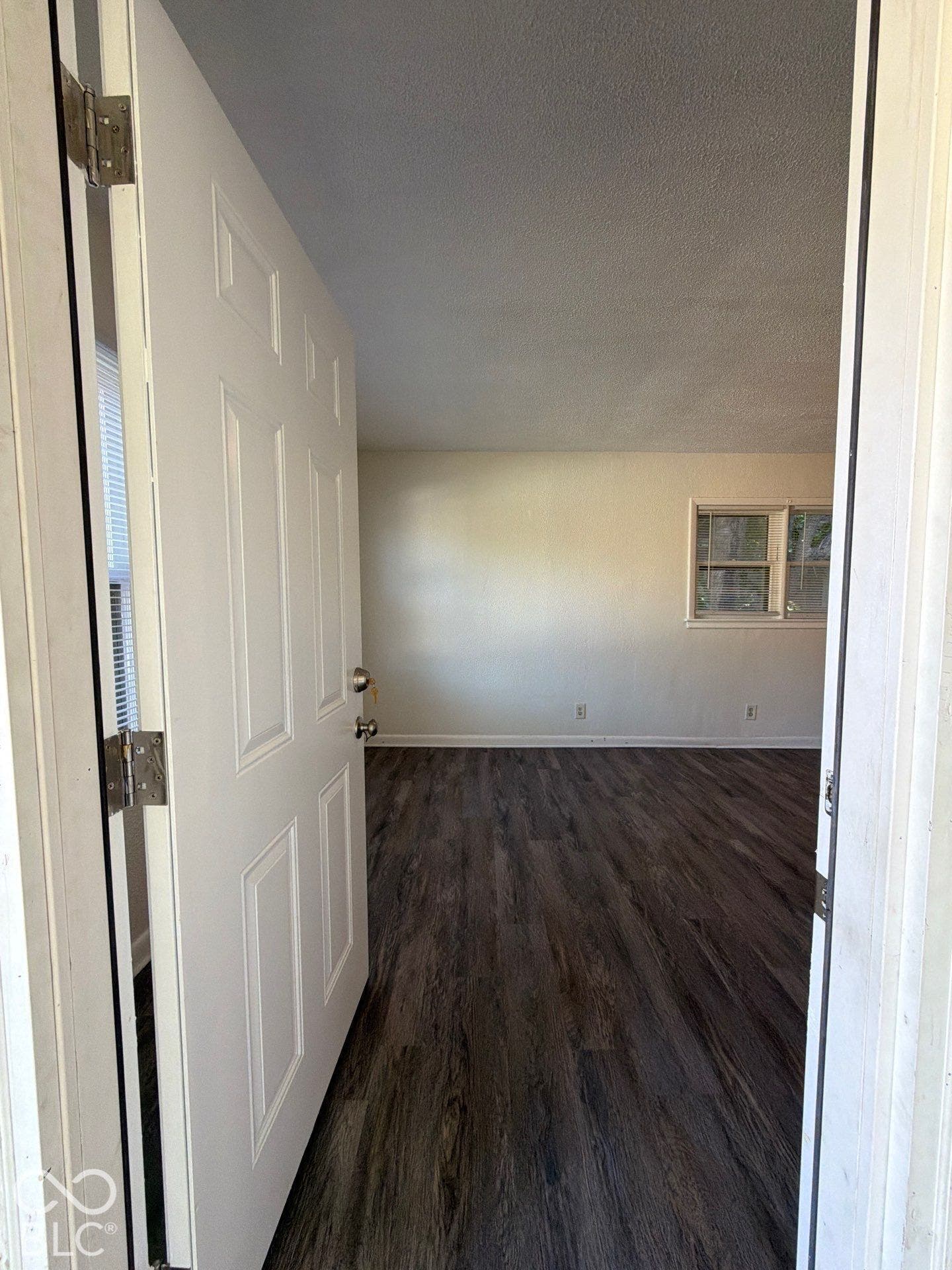 Entryway with a white paneled door, dark wood-finish flooring, and a double-hung window