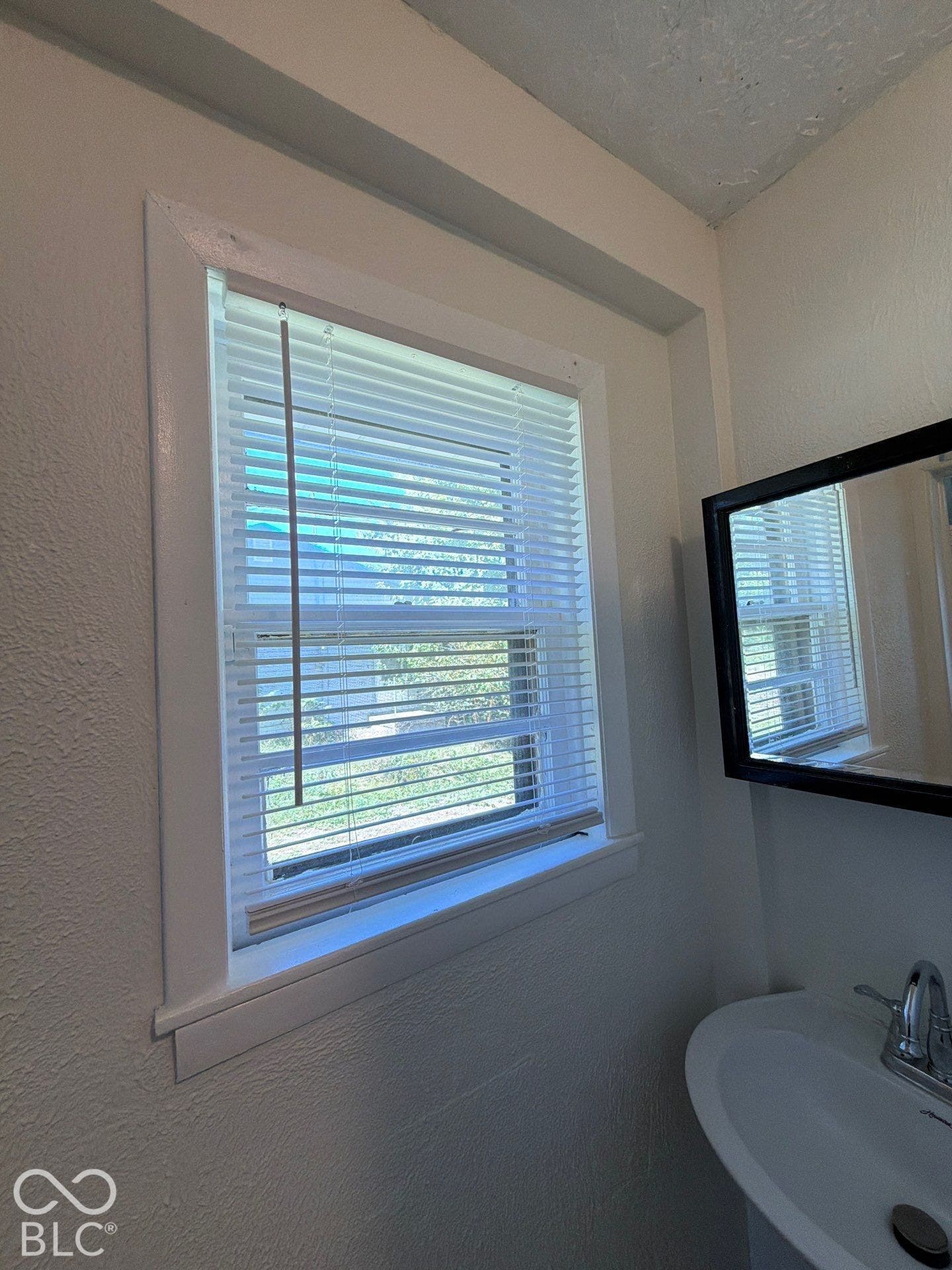 Window with white blinds, wall-mounted mirror with black frame, and a white pedestal sink with chrome faucet