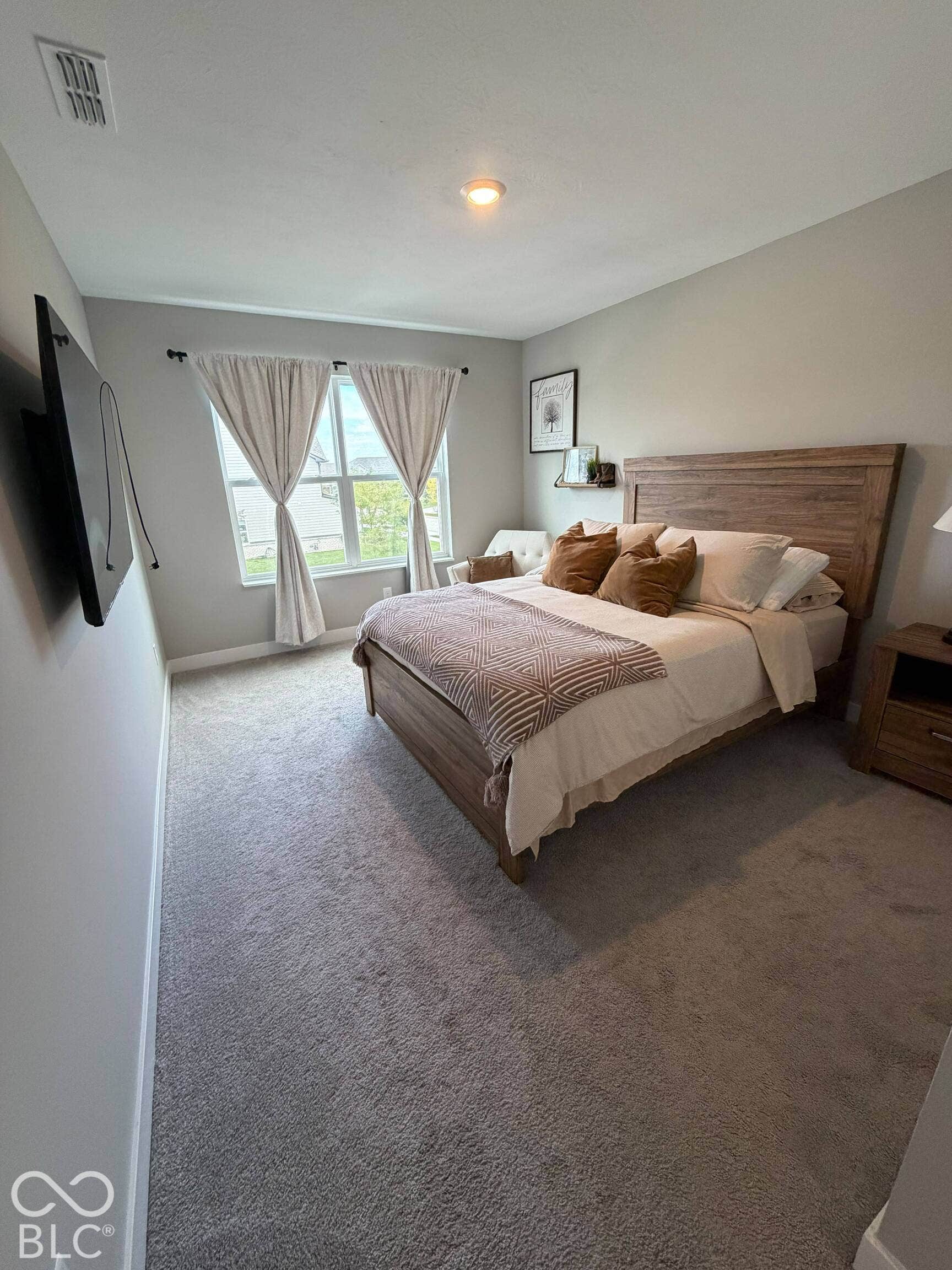 Wall-to-wall carpeting in a neutral tone, overhead ceiling light fixture, and a window with natural light