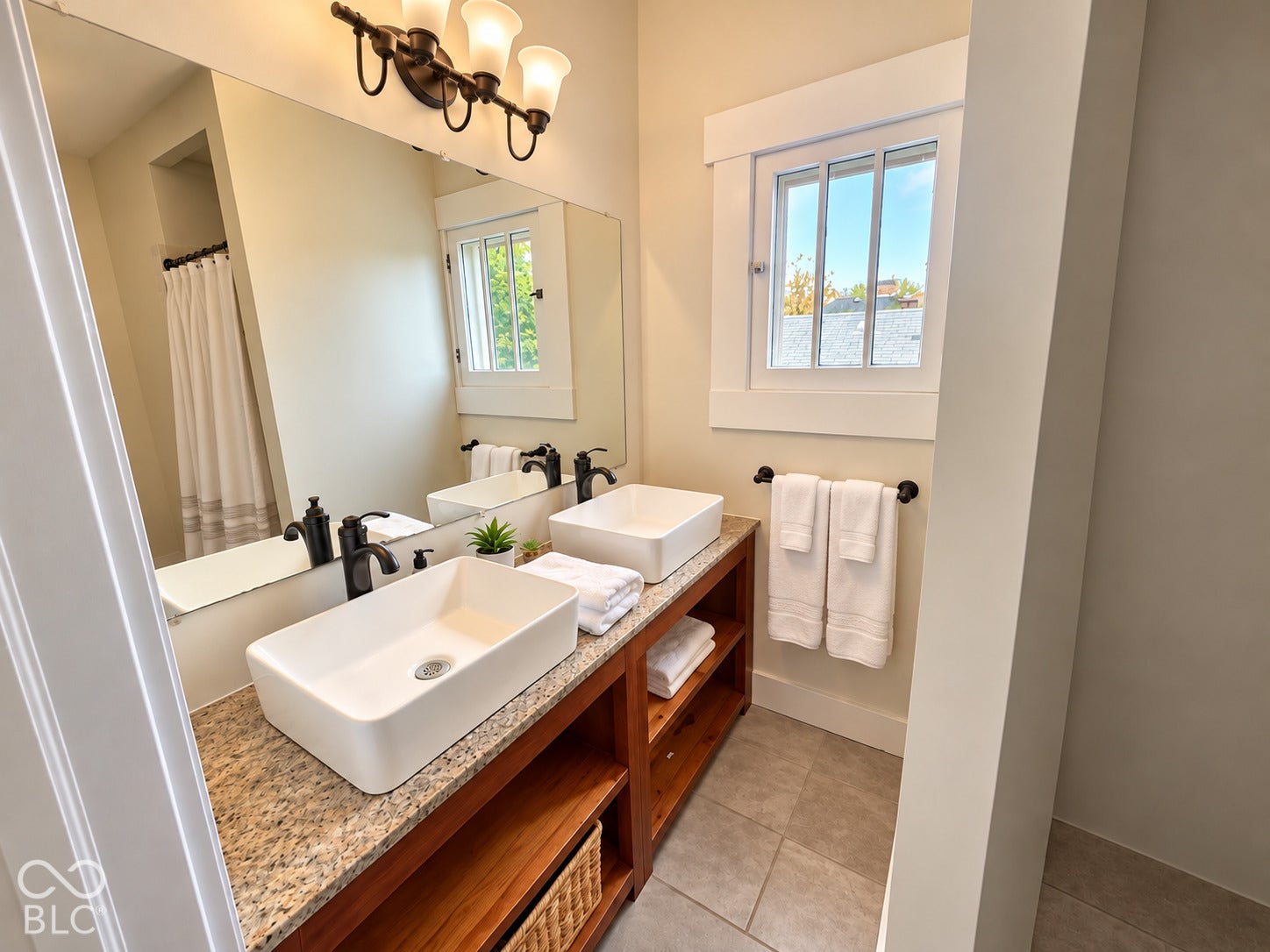 Virtually Altered - Bathroom featuring a dual vanity with a stone countertop, rectangular vessel sinks, wooden open-shelf cabinetry, matte black hardware, and a three-light fixture