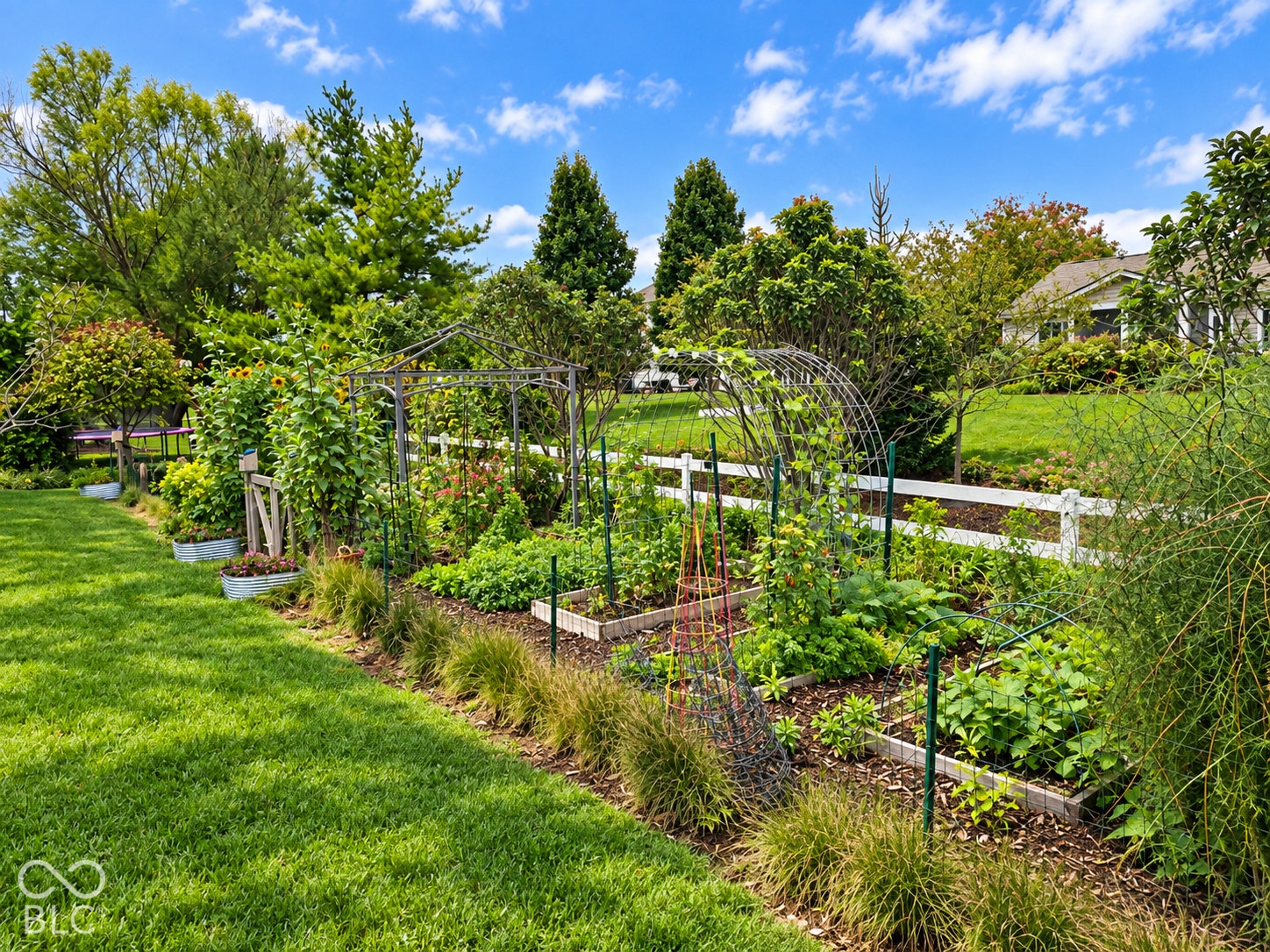 Expansive garden area featuring raised beds with plantings, a white picket fence, a manicured lawn, and mature trees