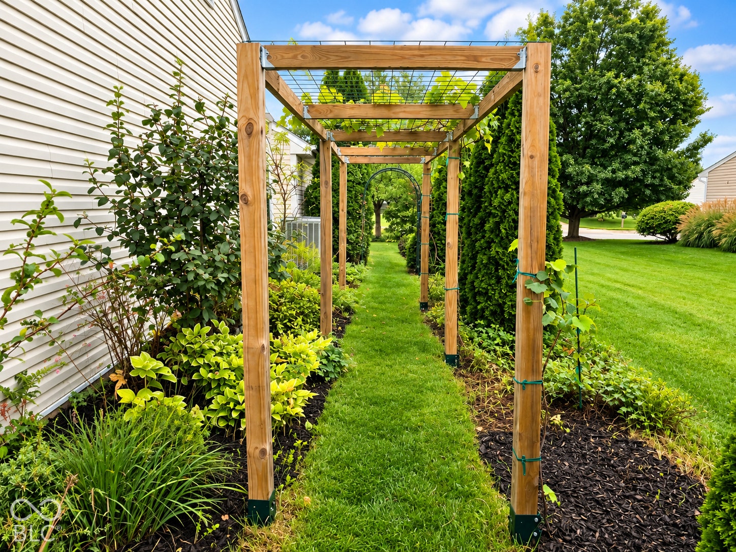 Pergola with wood columns, wire grid top, and established plantings
