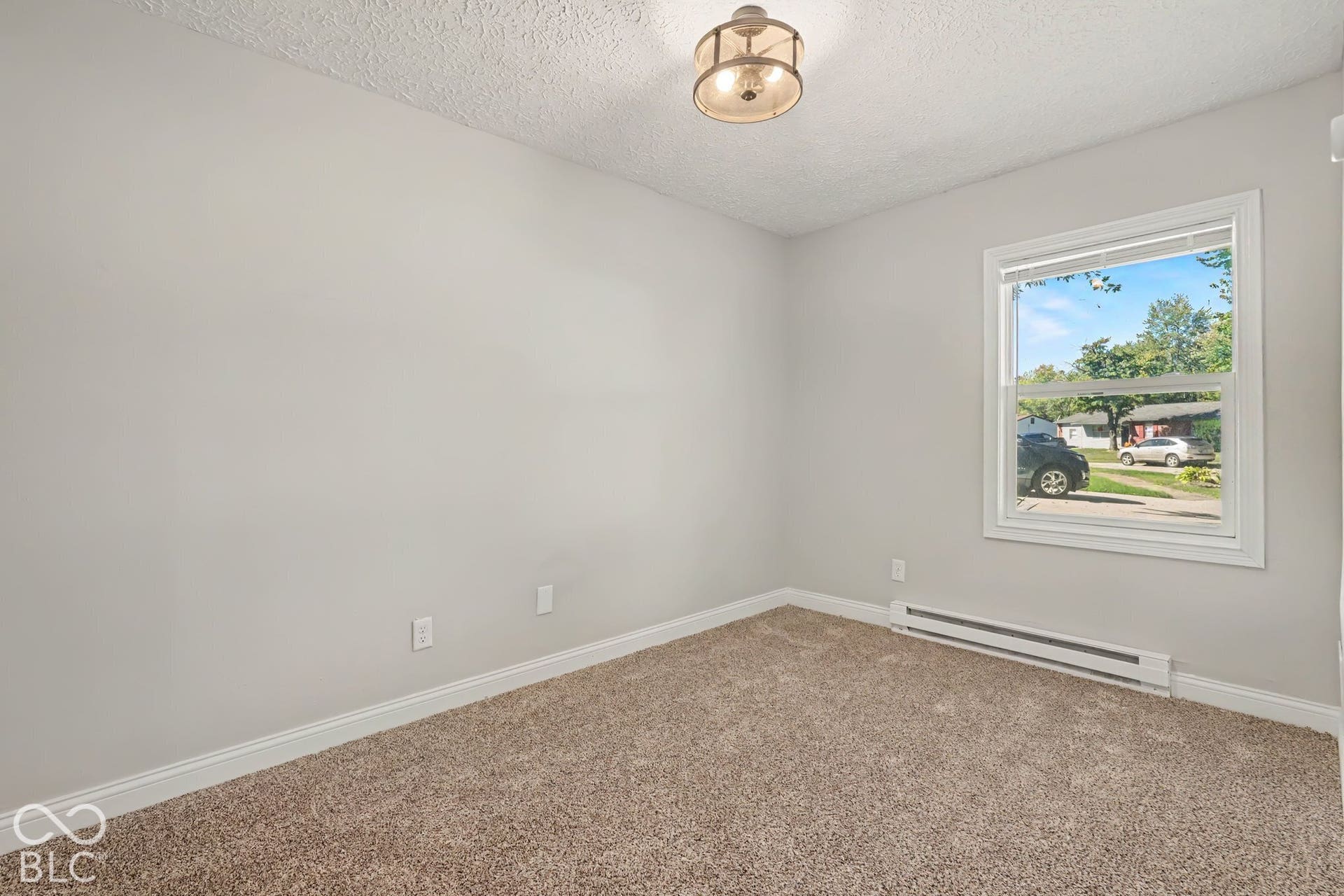 Neutral wall finishes, carpeted flooring, a single window, and an overhead light fixture