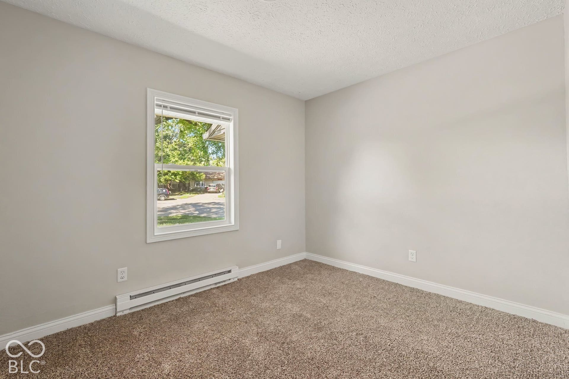 Neutral wall paint, textured ceiling, window with white trim, brown carpet flooring, and baseboard heating