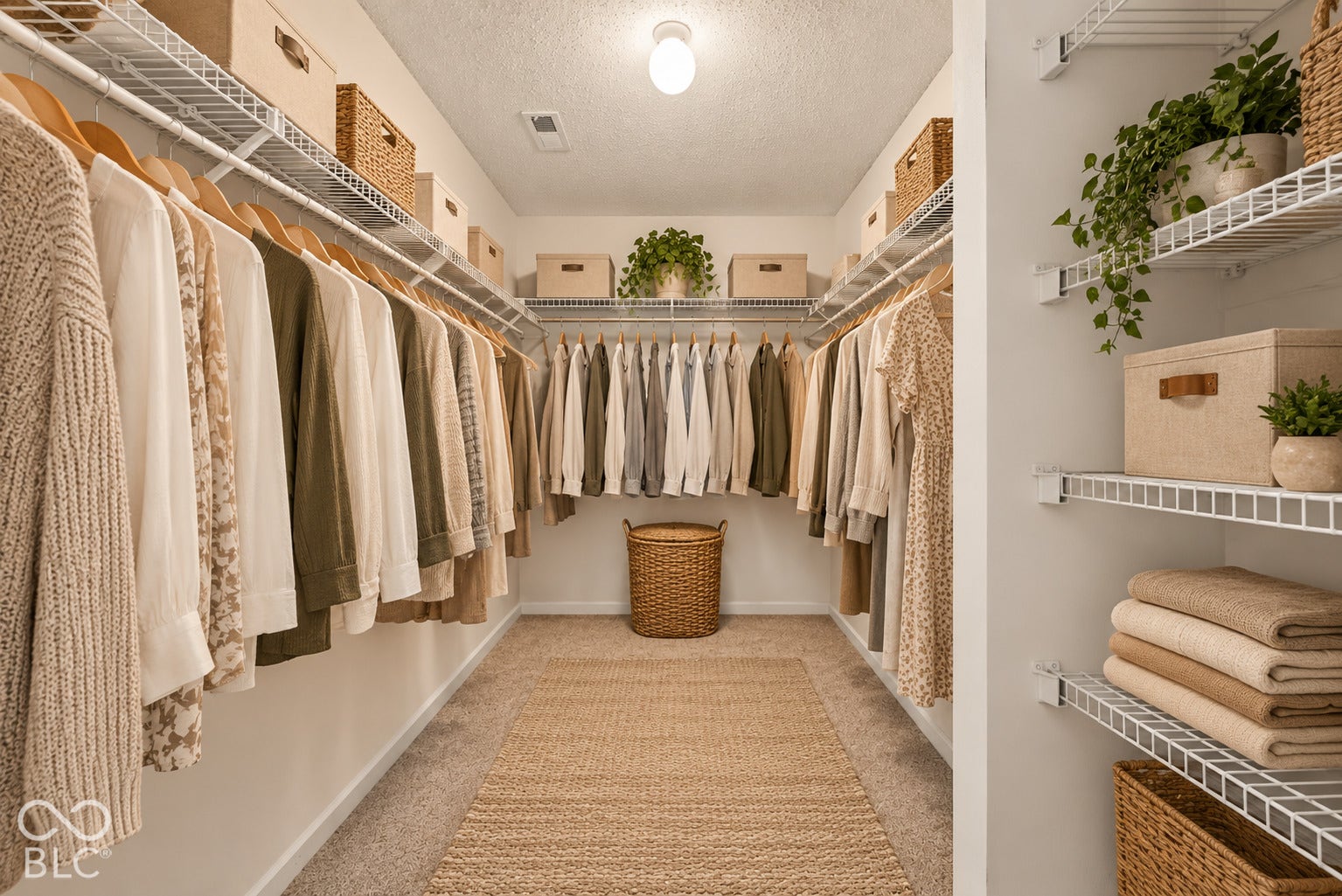Virtually Altered - Walk-in closet featuring tiered wire shelving and neutral wall-to-wall carpeting