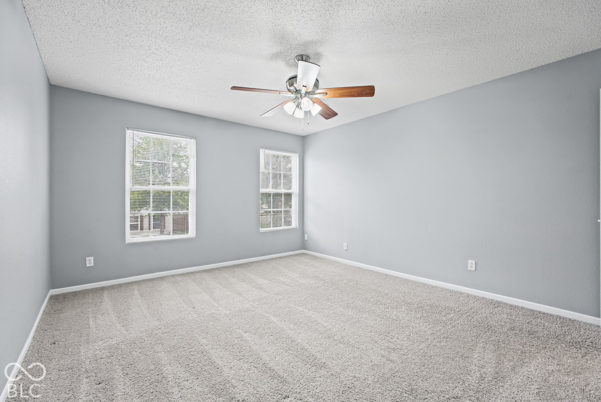 Neutral interior featuring wall-to-wall carpeting, dual windows, and a multi-blade ceiling fan with integrated lighting