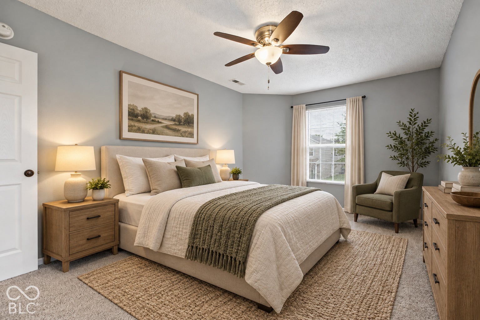 Virtually Altered - Neutral wall tones, wall-to-wall carpeting, single-pane window, and integrated multi-blade ceiling fan with frosted glass lighting