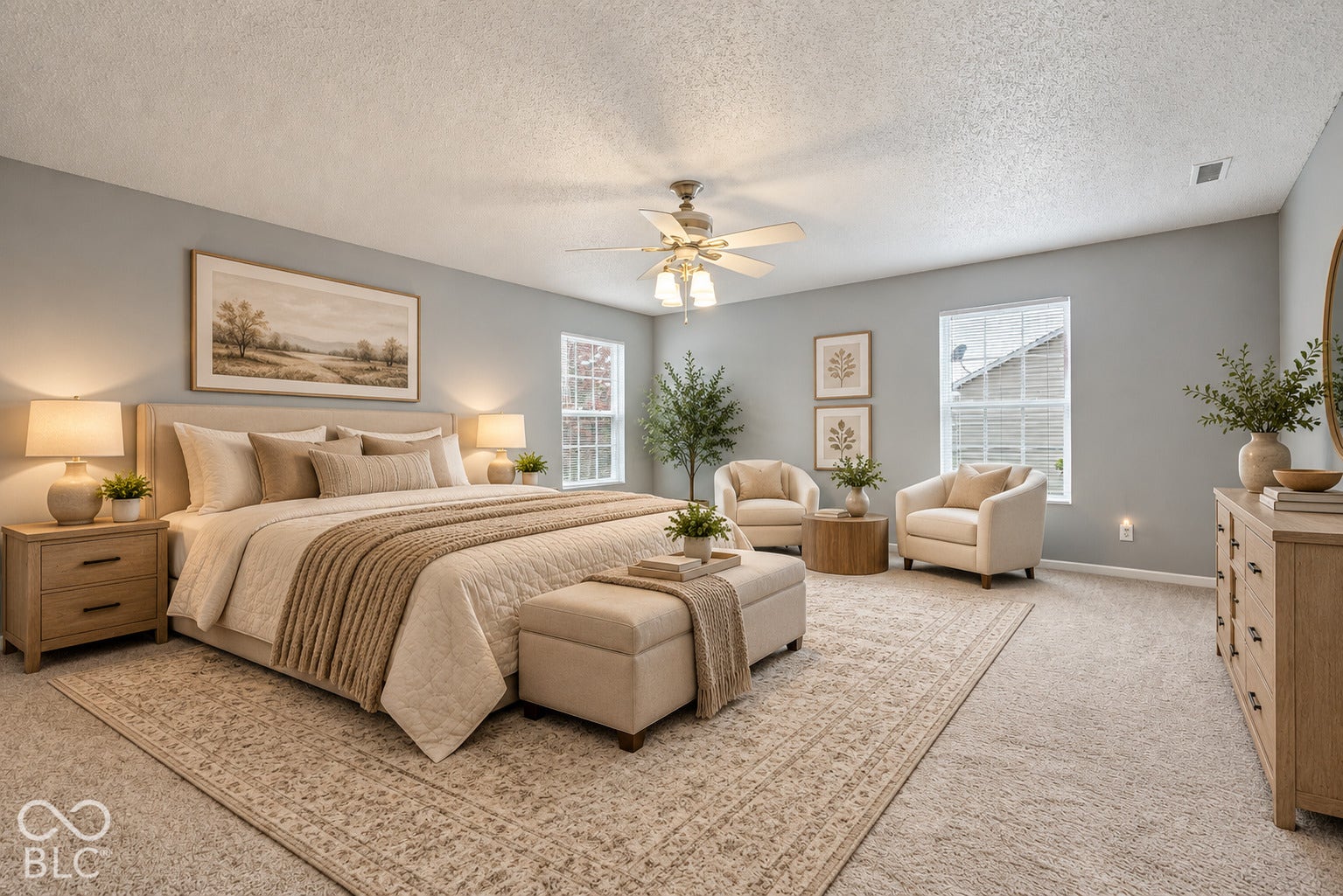 Virtually Altered - Spacious room featuring neutral carpeting, a central ceiling fan with integrated lighting, and multiple windows providing natural light