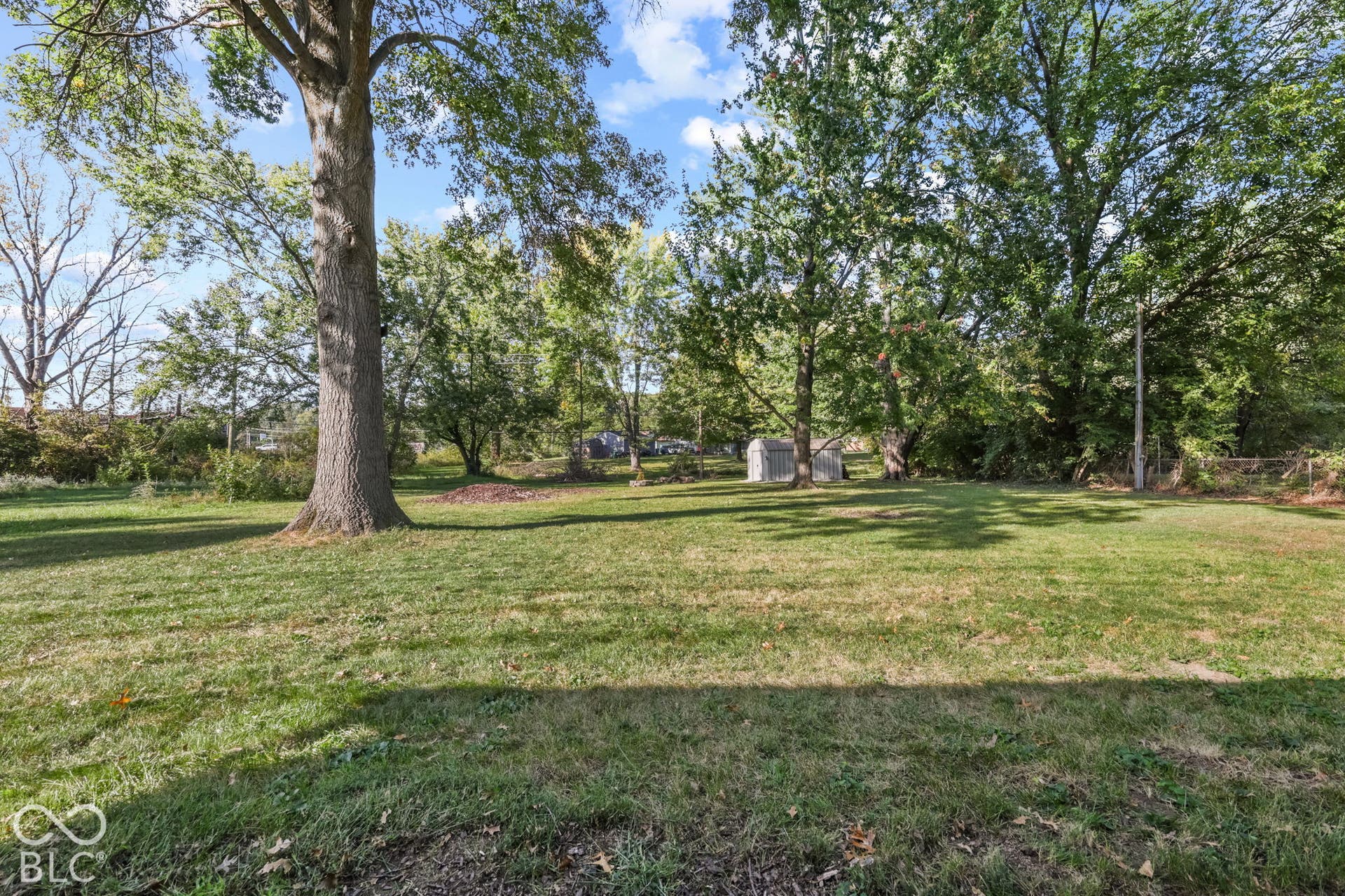 Expansive level backyard featuring mature trees and a detached storage structure