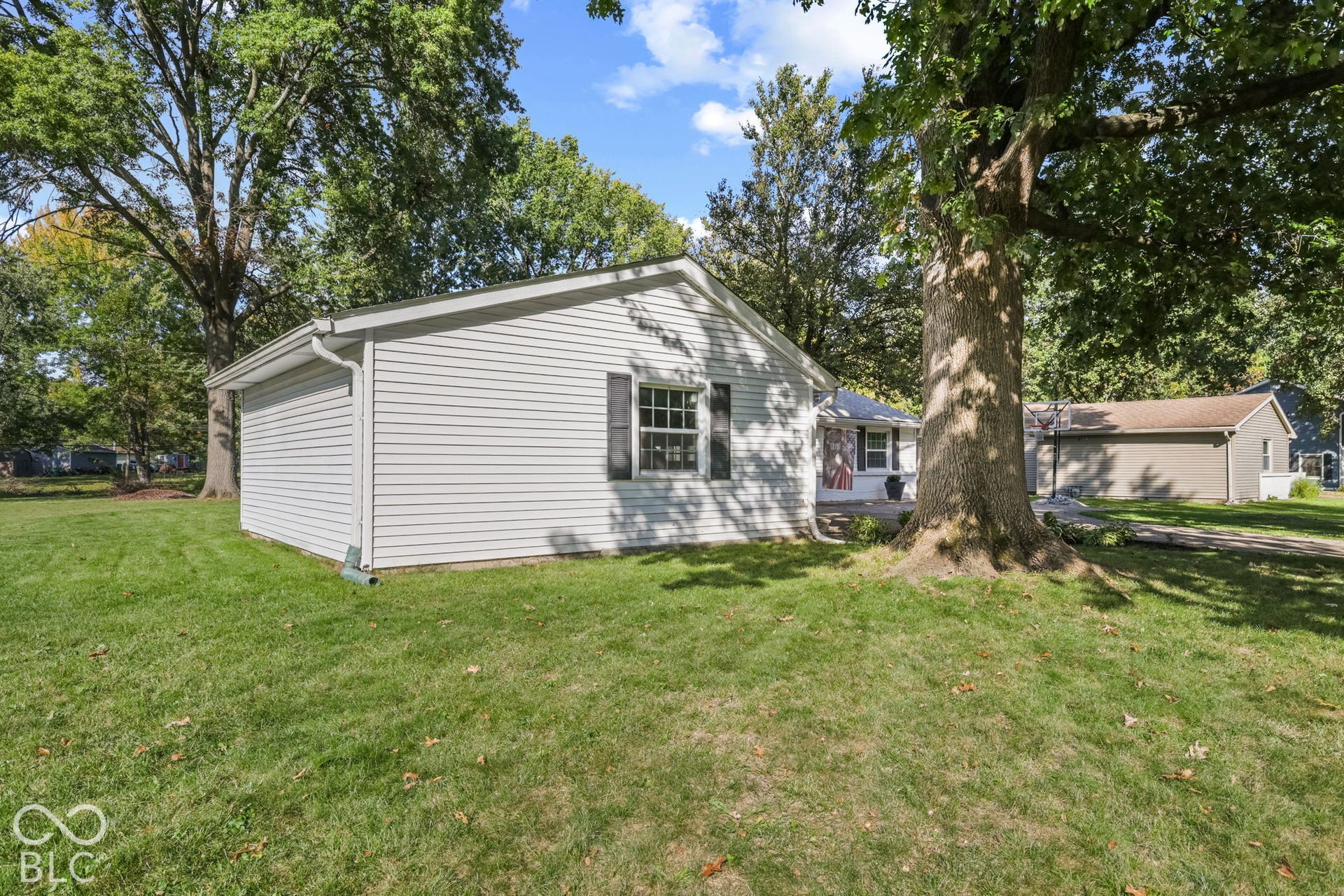Expansive lawn with mature trees and light-colored vinyl siding exterior featuring a single-window configuration with dark shutters