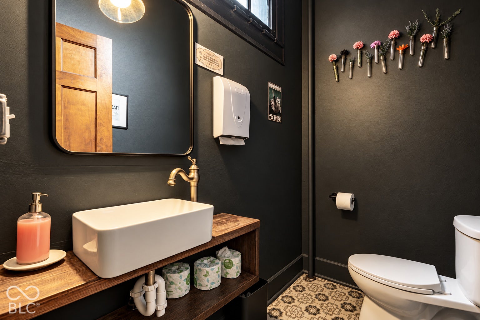 2602 Shelby Street, Indianapolis, IN 46203 Virtually Altered - Rectangular vessel sink atop a wood-finish floating vanity, rounded-corner mirror, metallic wall-mounted faucet, and decorative patterned floor tile