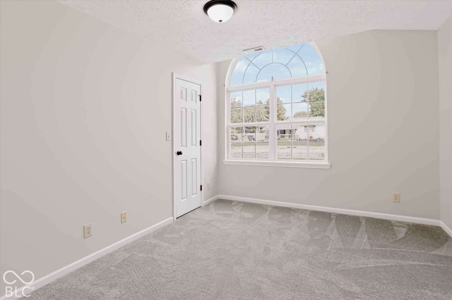 Arched window with decorative muntins, neutral wall paint, carpeted flooring, and a single-panel interior door
