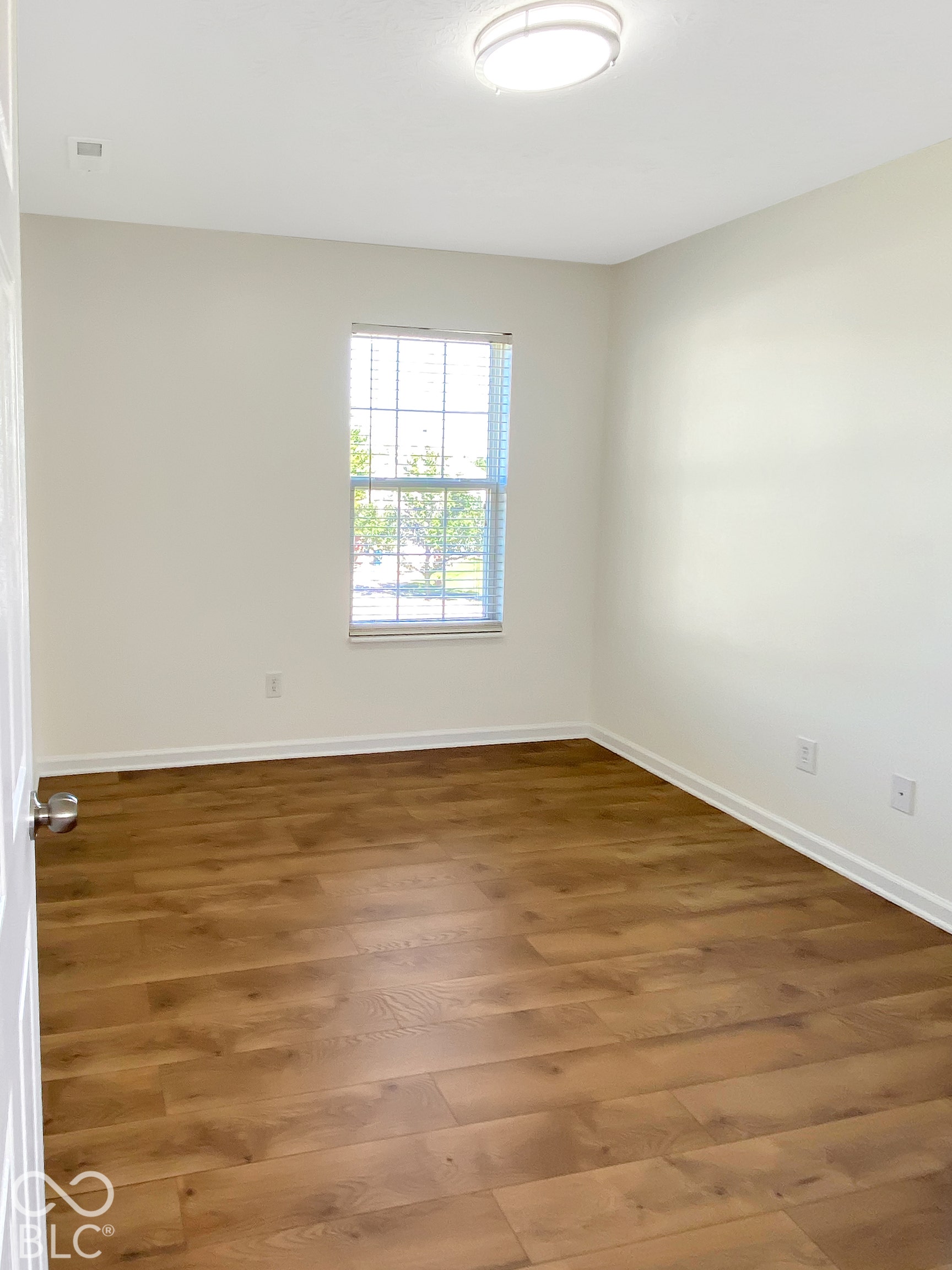 4726 Eva Court, Indianapolis, IN 46227 Neutral-toned interior space featuring wood-finish flooring, a grid-pane window, and a flush-mount overhead light fixture