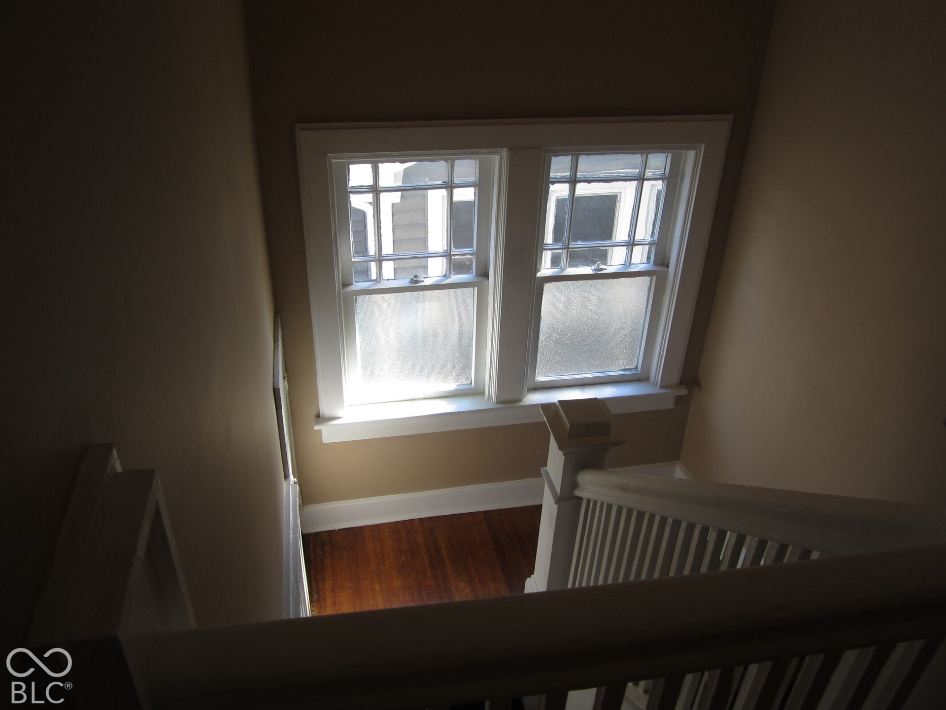 Double-hung windows with divided light muntins, wood-finish flooring, and white painted railings with square newel posts