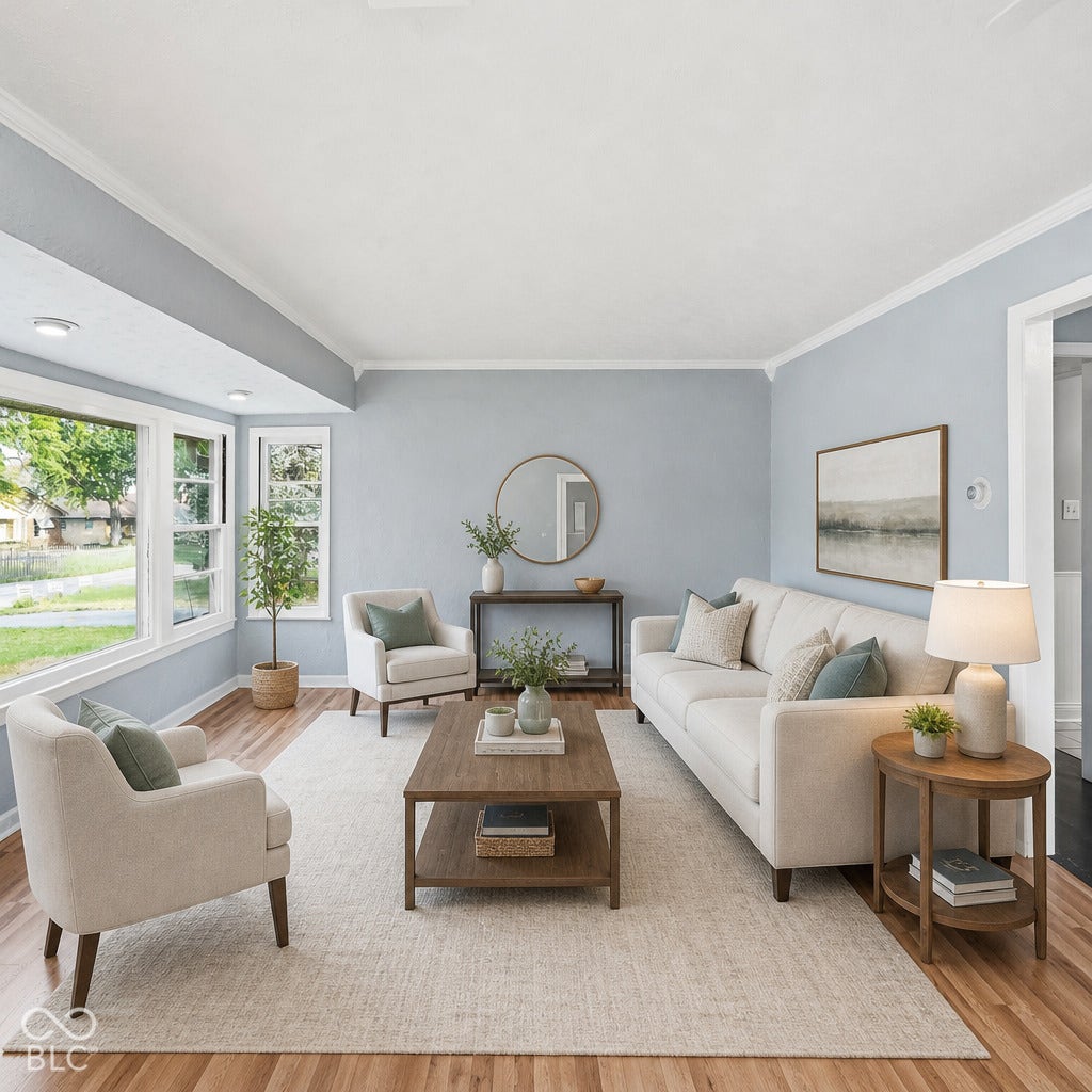 Living area featuring wood-finish flooring, recessed lighting, and multiple windows. Virtually altered.