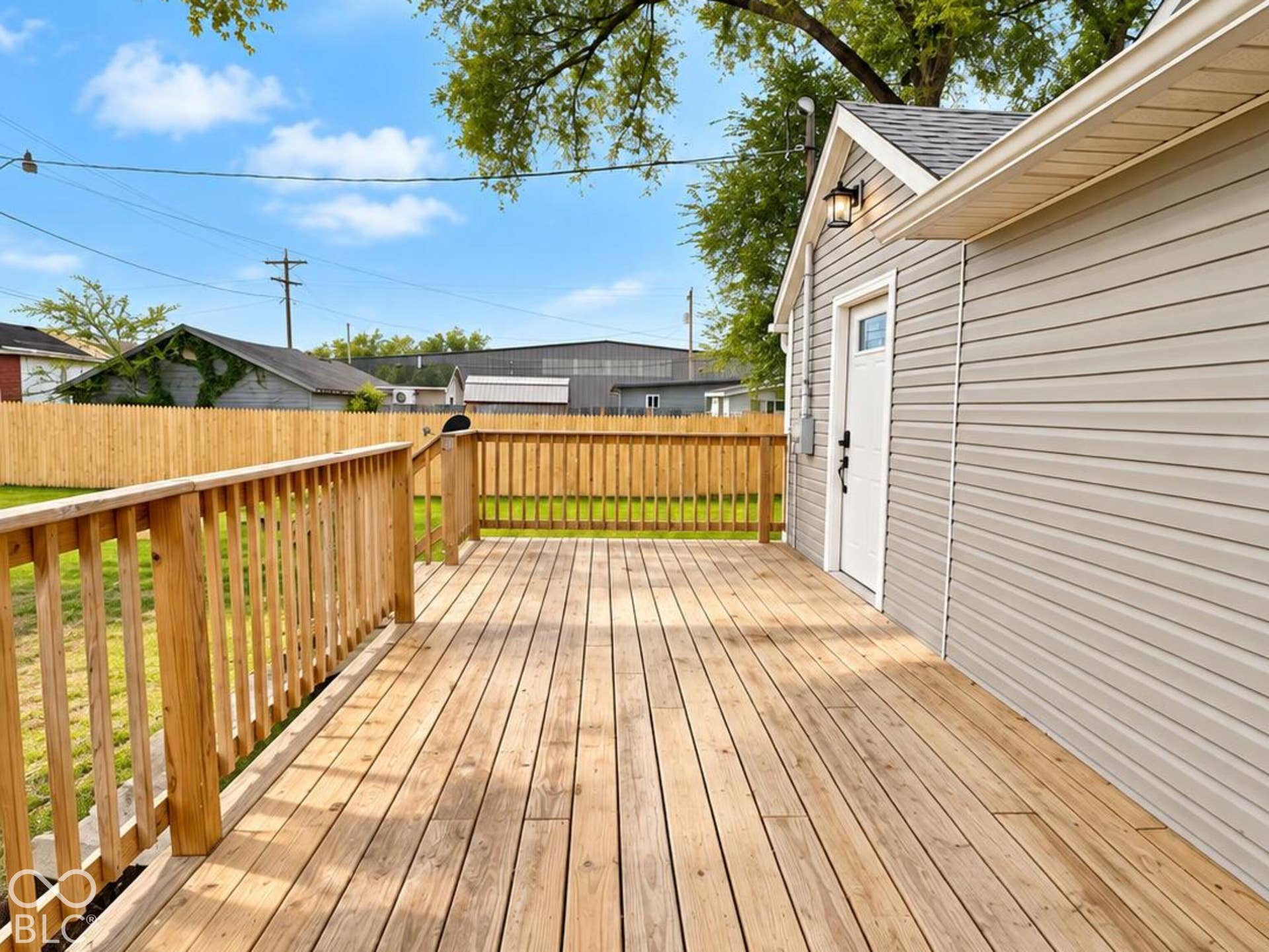 Wood-plank deck featuring a wrap-around railing, grey vinyl siding, and an attached exterior wall-mount light fixture