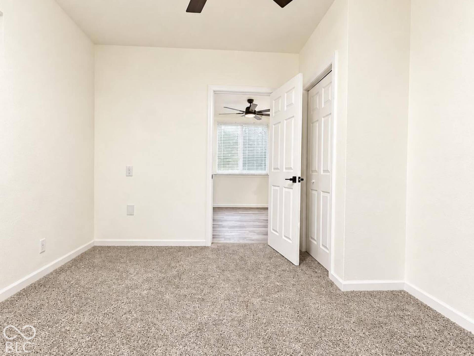 Textured carpeting, dark-finish ceiling fan with integrated lighting, and white six-panel door
