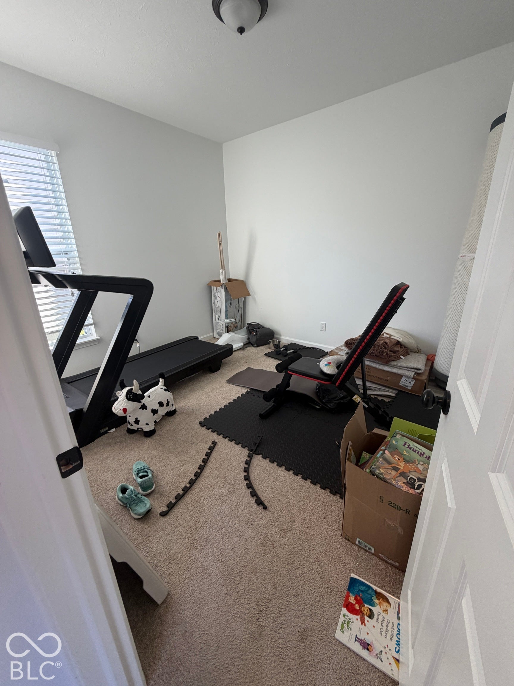 Neutral-toned bedroom featuring carpeted flooring, white walls, and a window with horizontal blinds