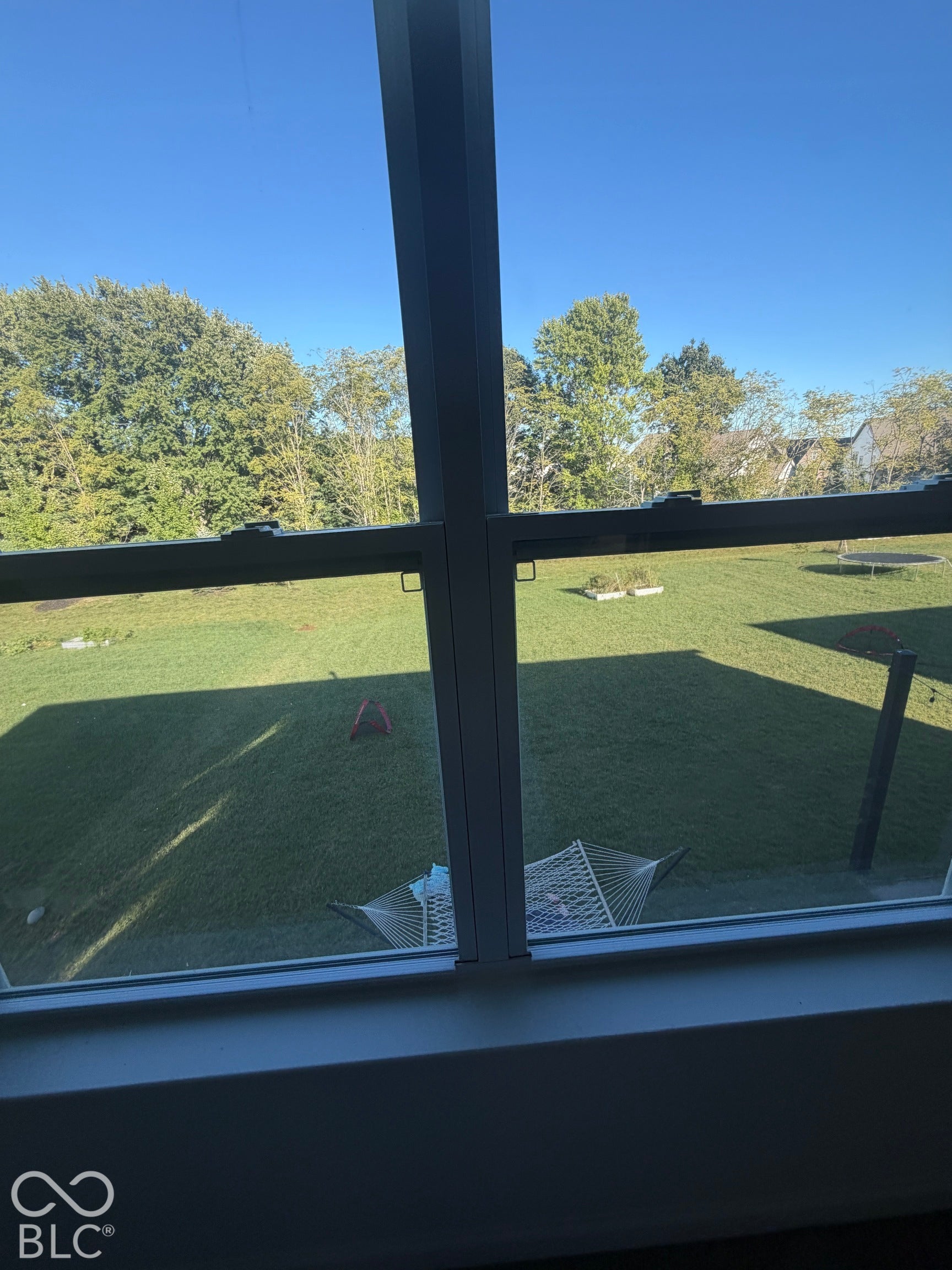 Expansive rear yard featuring a manicured lawn, perimeter mature trees, and multi-pane window framing