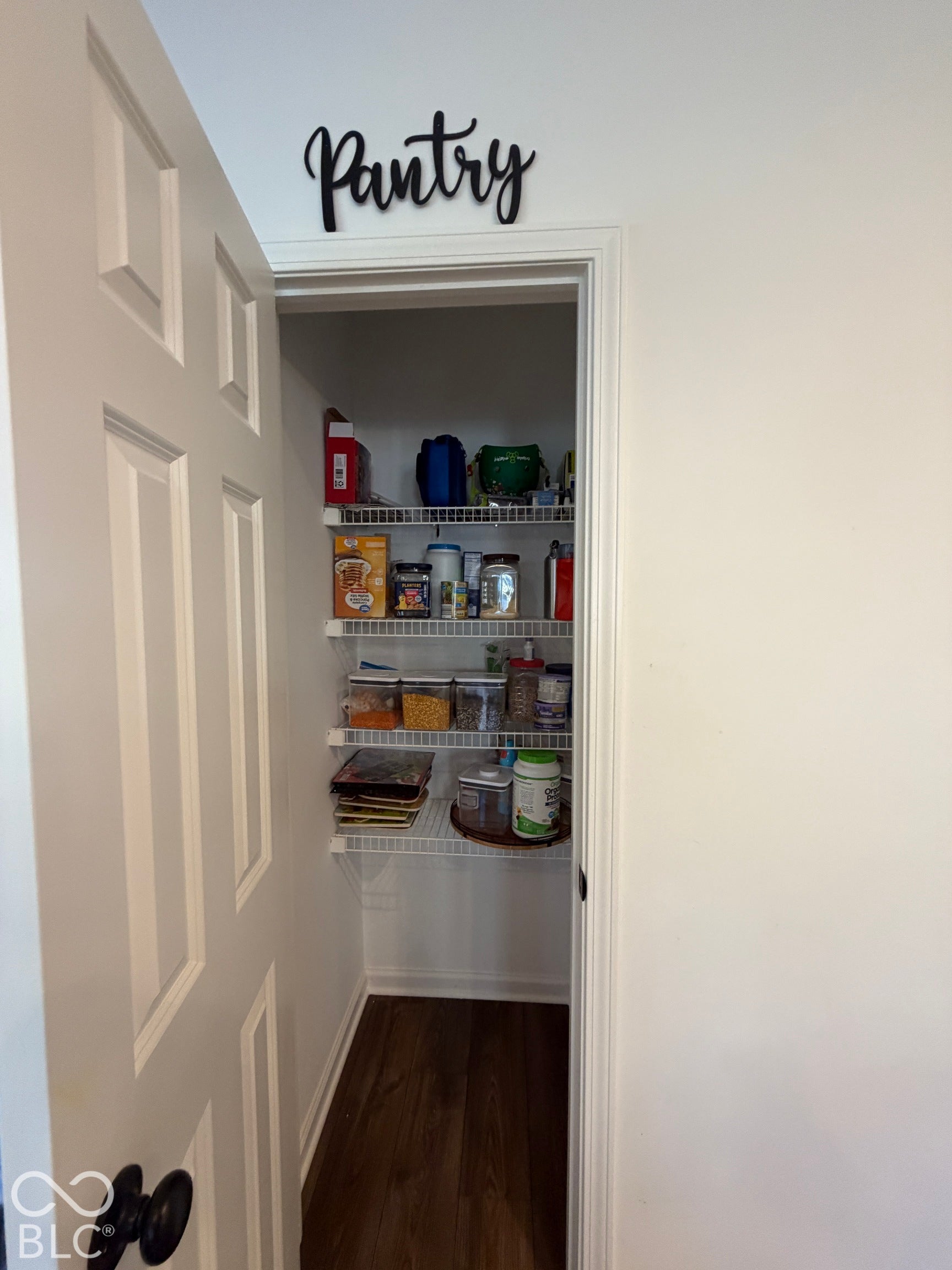 Storage area featuring multi-tier wire shelving, wood-finish flooring, and a paneled door