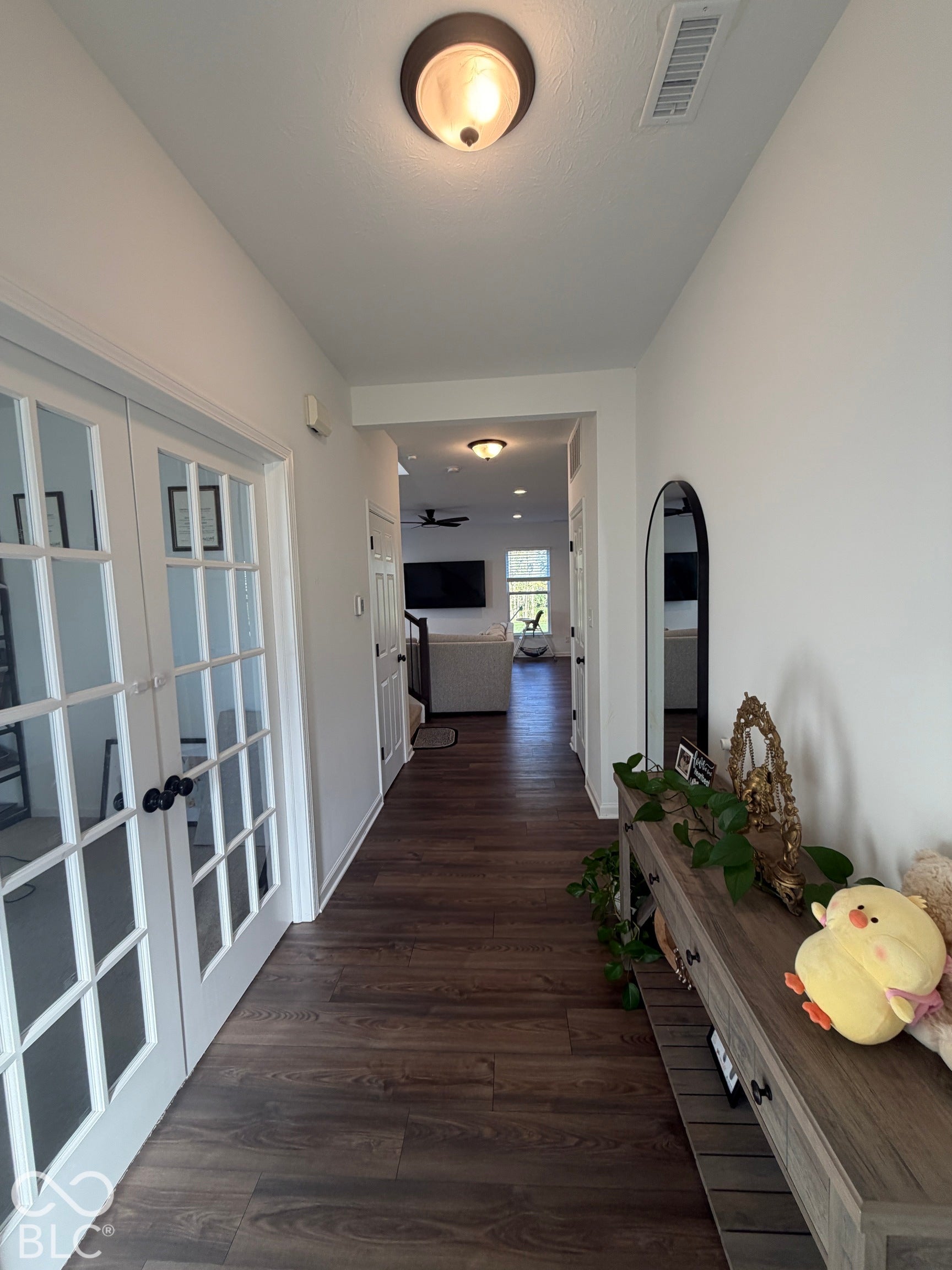 Entryway featuring wood-finish flooring, double-pane French doors with matte black hardware, and overhead flush-mount lighting