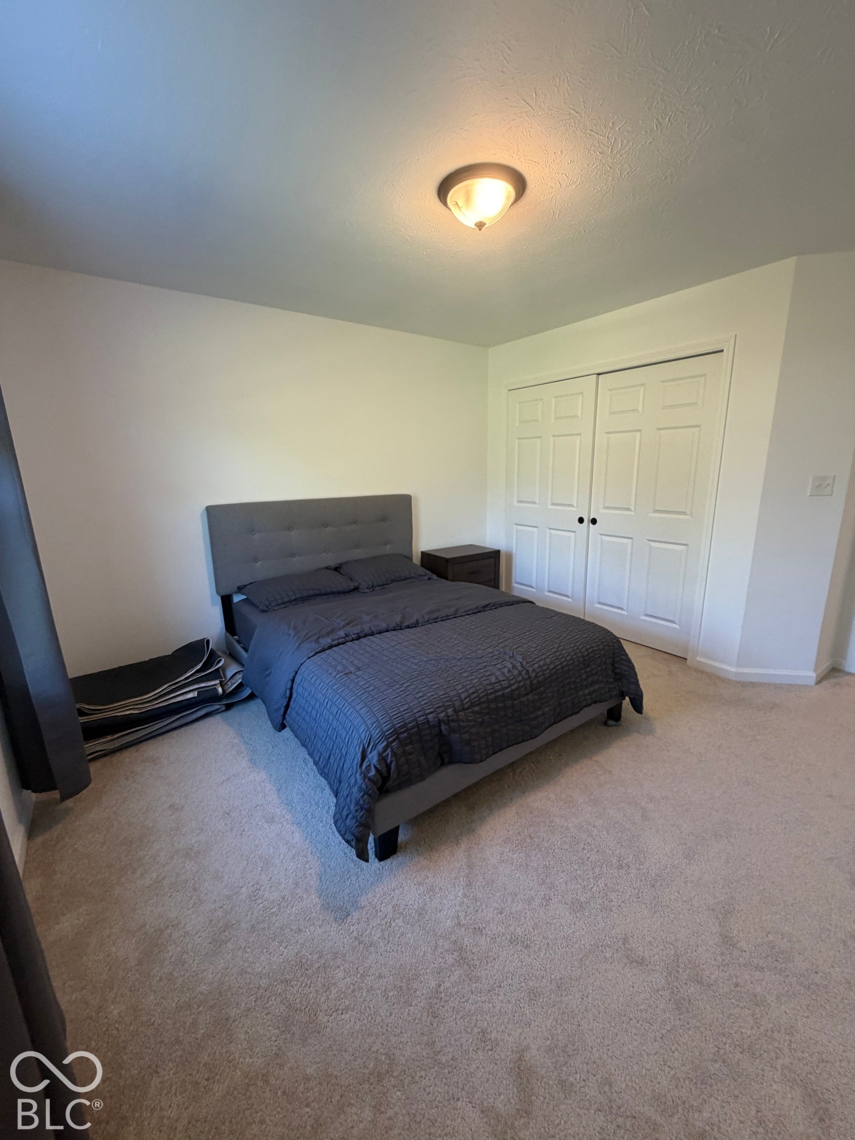 Neutral interior room featuring neutral-toned carpeting, white walls, and a double-door closet with recessed panels and dark hardware, finished with a dome-style flush-mount ceiling light