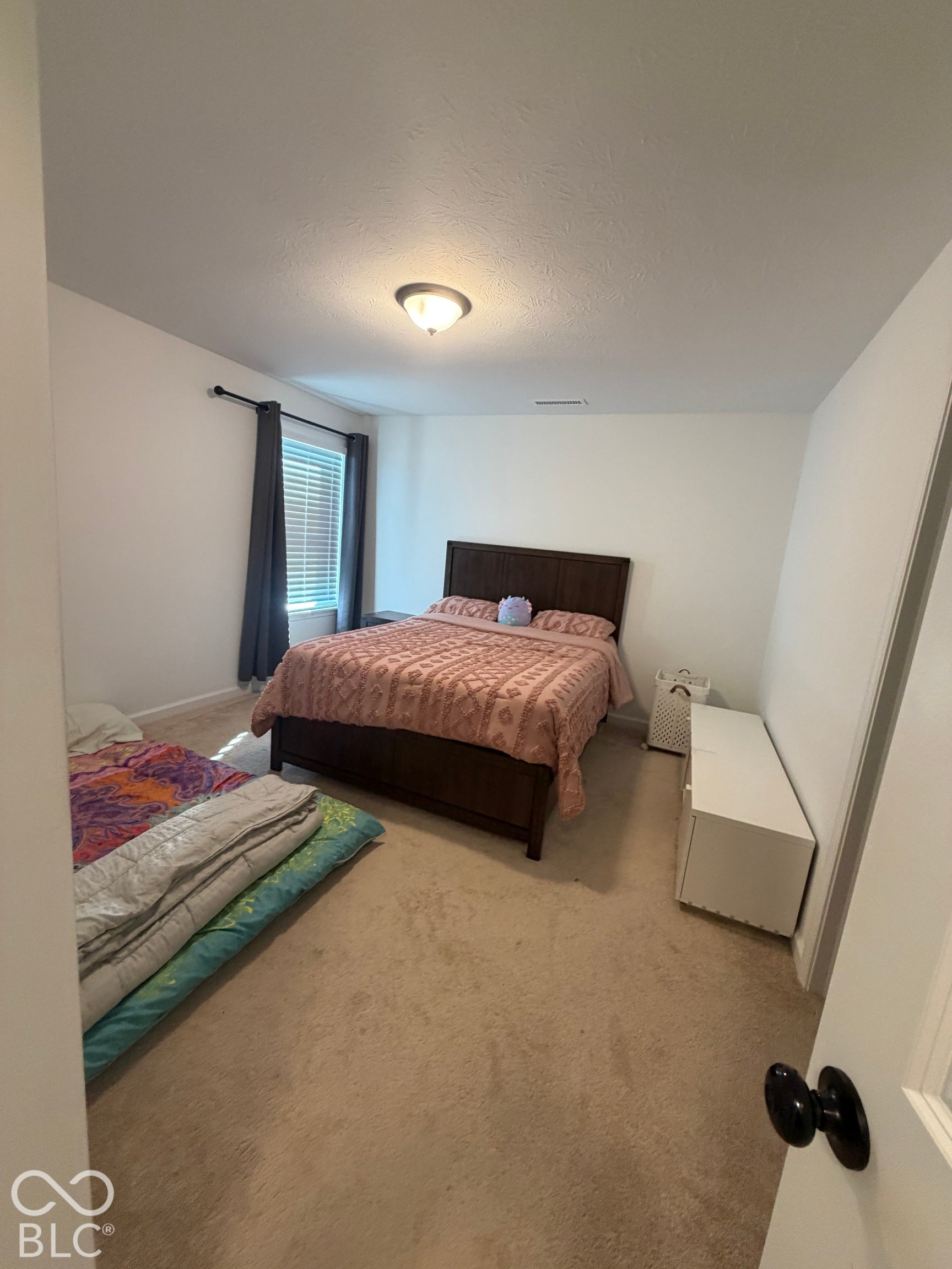 Neutral-toned wall paint, neutral carpeting, window with blinds, and flush-mount ceiling light fixture