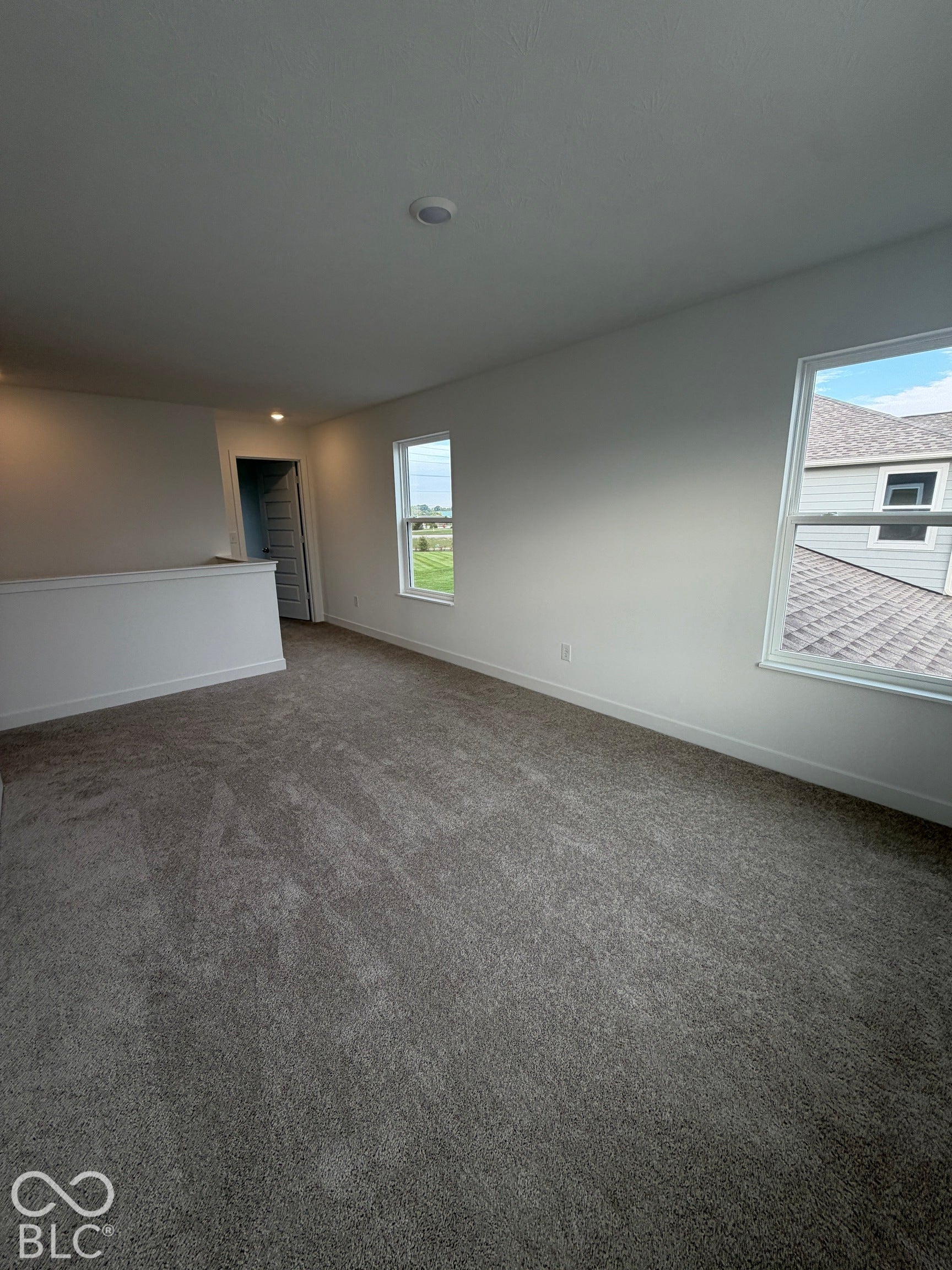 Neutral-toned carpeted flooring, two double-hung windows, and a partial railing wall
