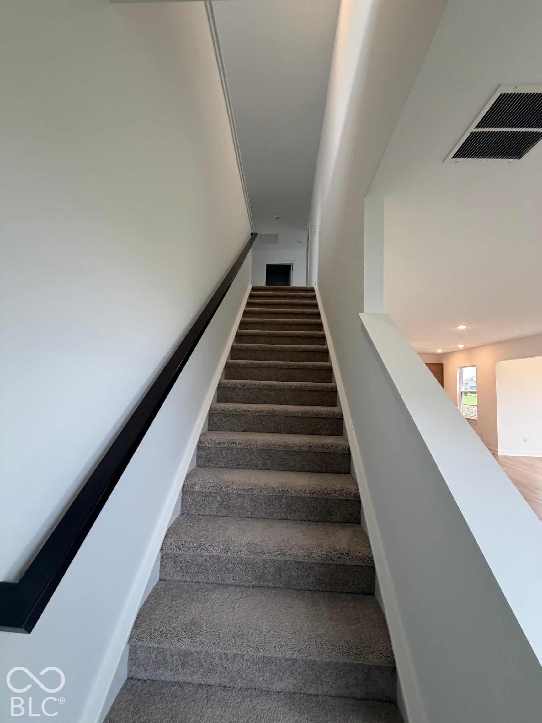 Staircase featuring neutral carpeting, matte black handrail, and white wall finishes