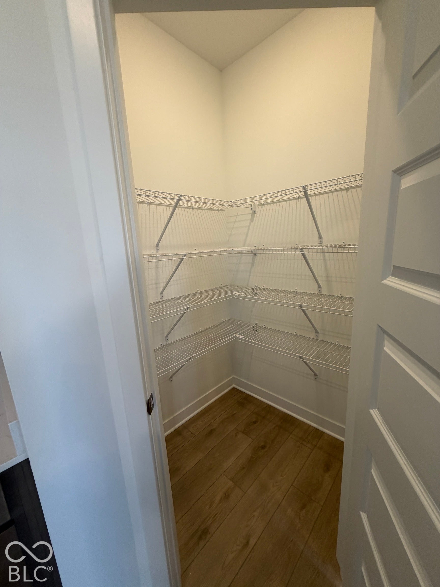 Storage area featuring multi-tier wire shelving and wood-finish flooring