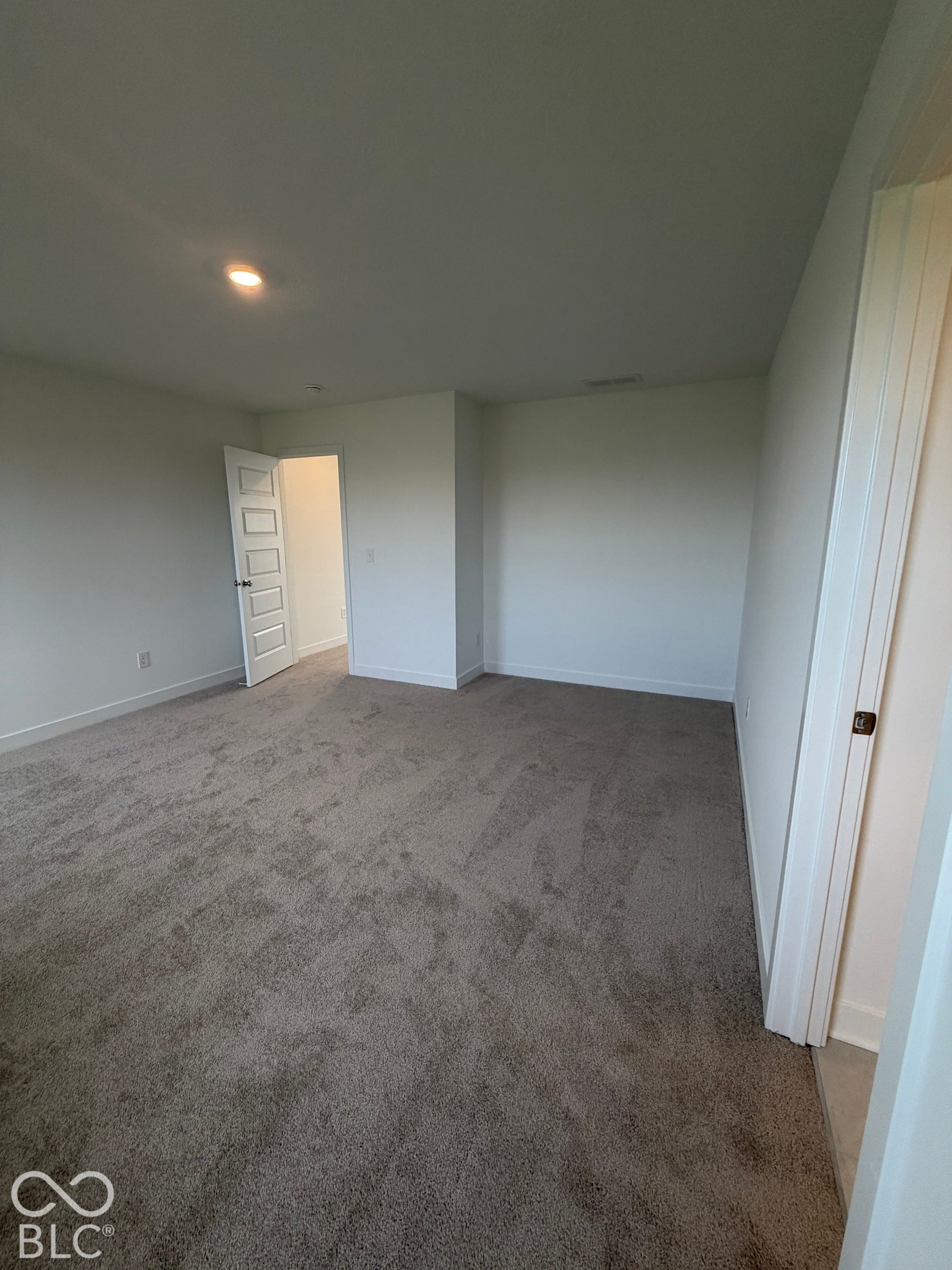 Neutral-toned carpeting, recessed ceiling lighting, and crisp white panel doors