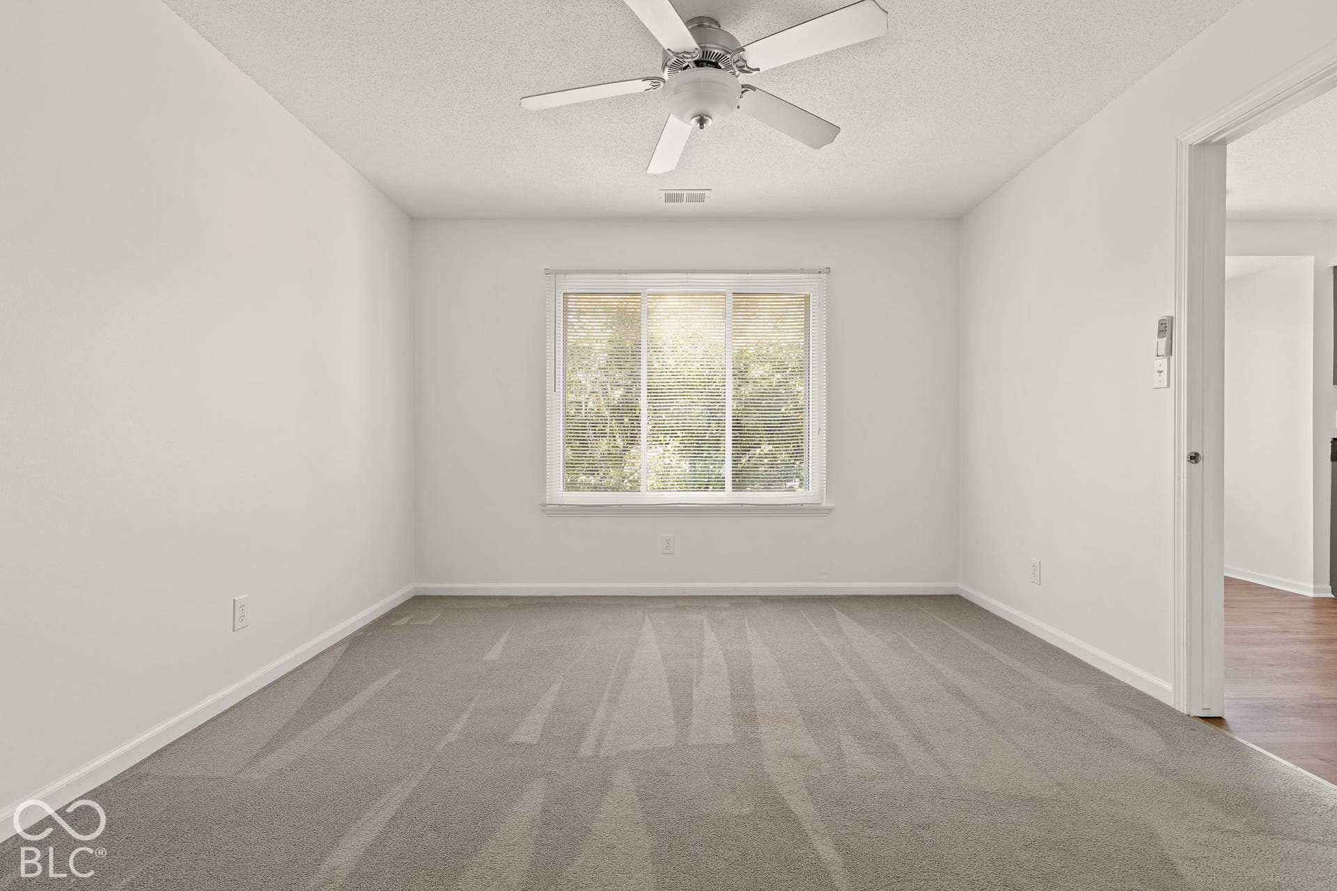 Interior room featuring neutral-toned carpeting, a center-mounted ceiling fan, and a large window