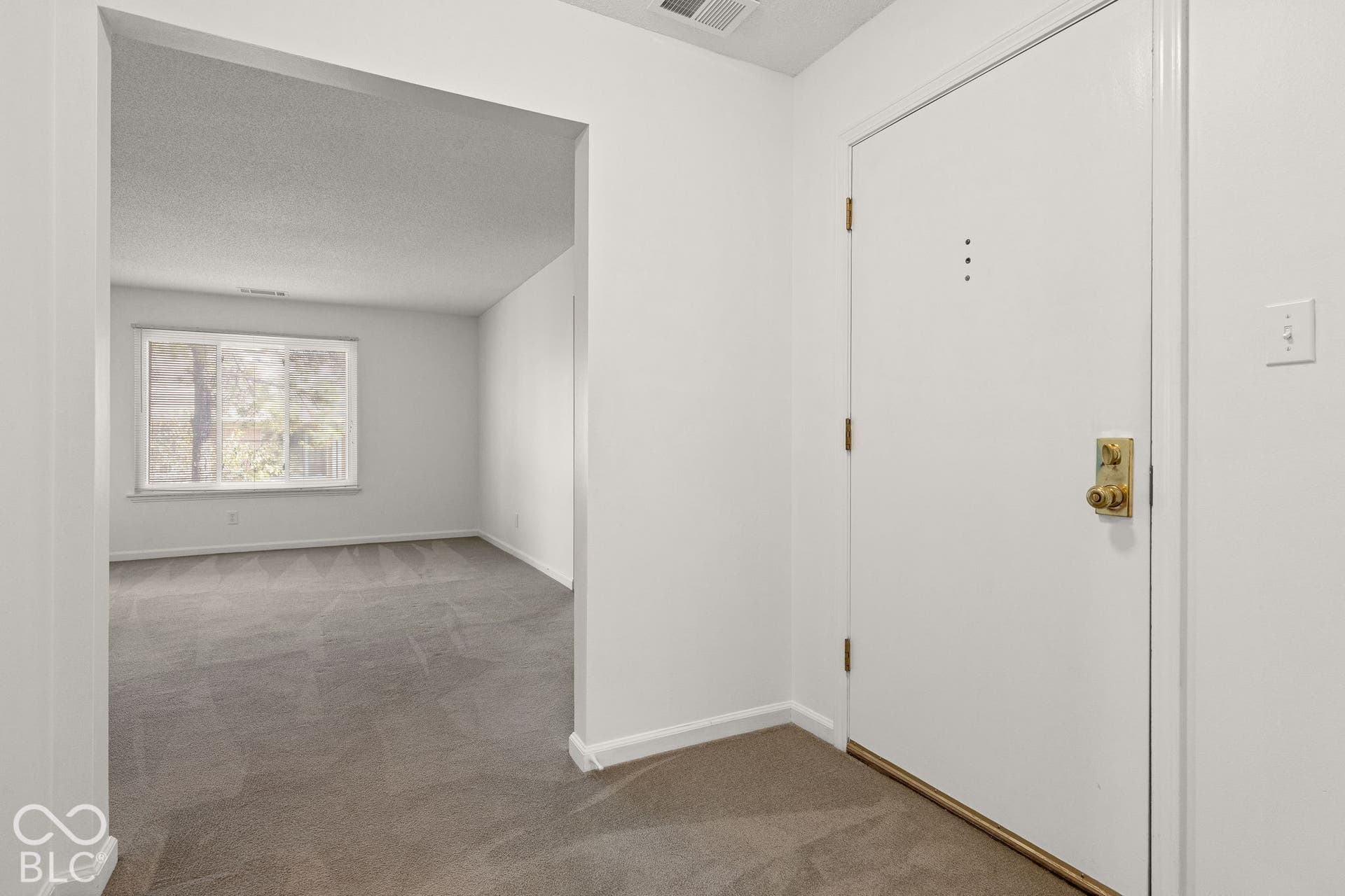Entryway featuring a solid door with brass hardware and neutral-toned wall-to-wall carpeting throughout