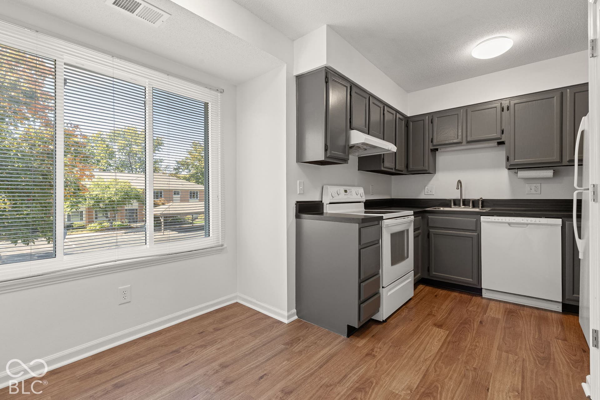 Kitchen featuring dark-toned cabinetry, wood-finish flooring, a large window, and white built-in appliances
