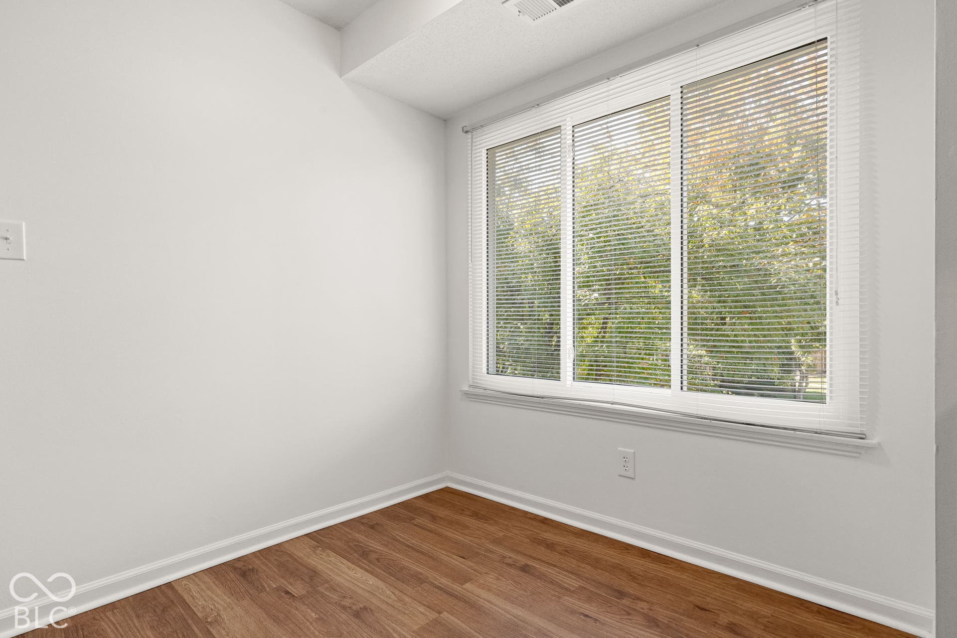 Neutral interior featuring wood-finish flooring, white walls, and a large three-panel window with horizontal blinds