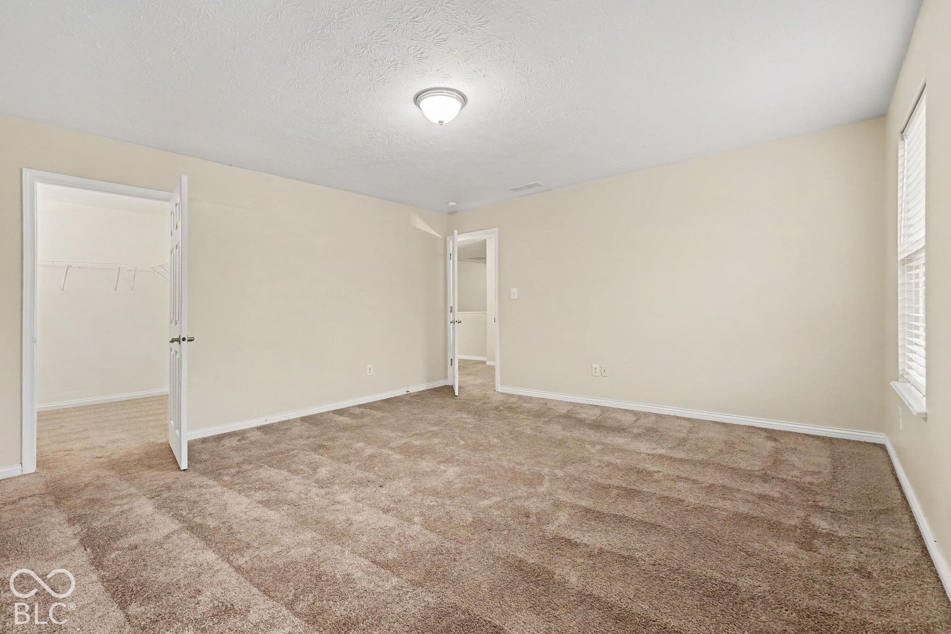 Neutral wall tones, wall-to-wall carpeting, and dual-door storage access